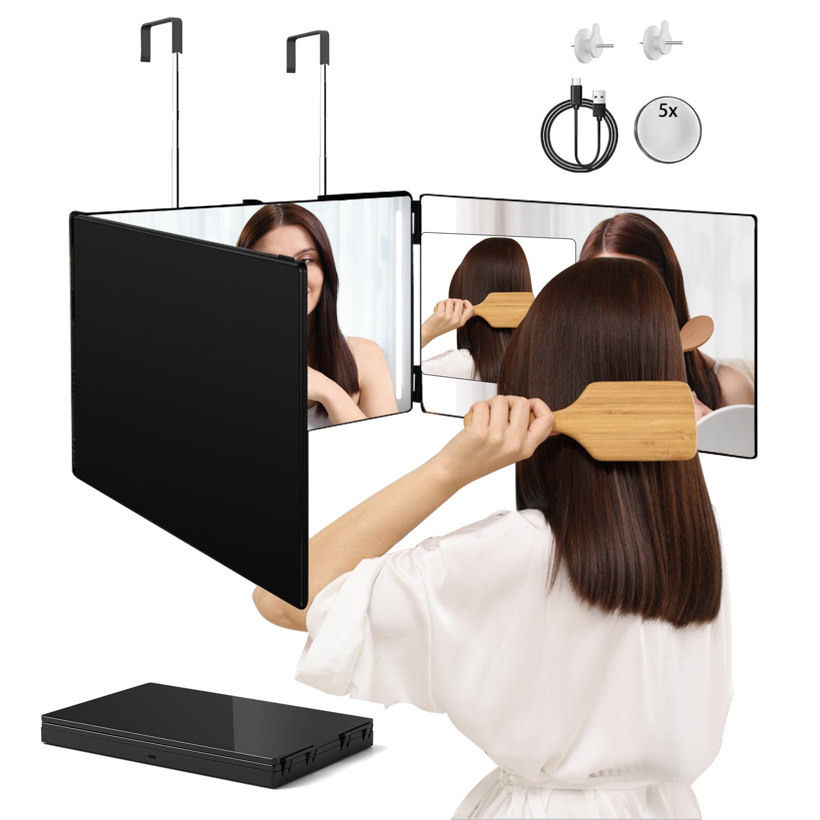 3 Way Mirror with LED Lights for Hair Cutting, 360 Degree Trifold Mirror with Height Adjustable Hooks - Bosonshop