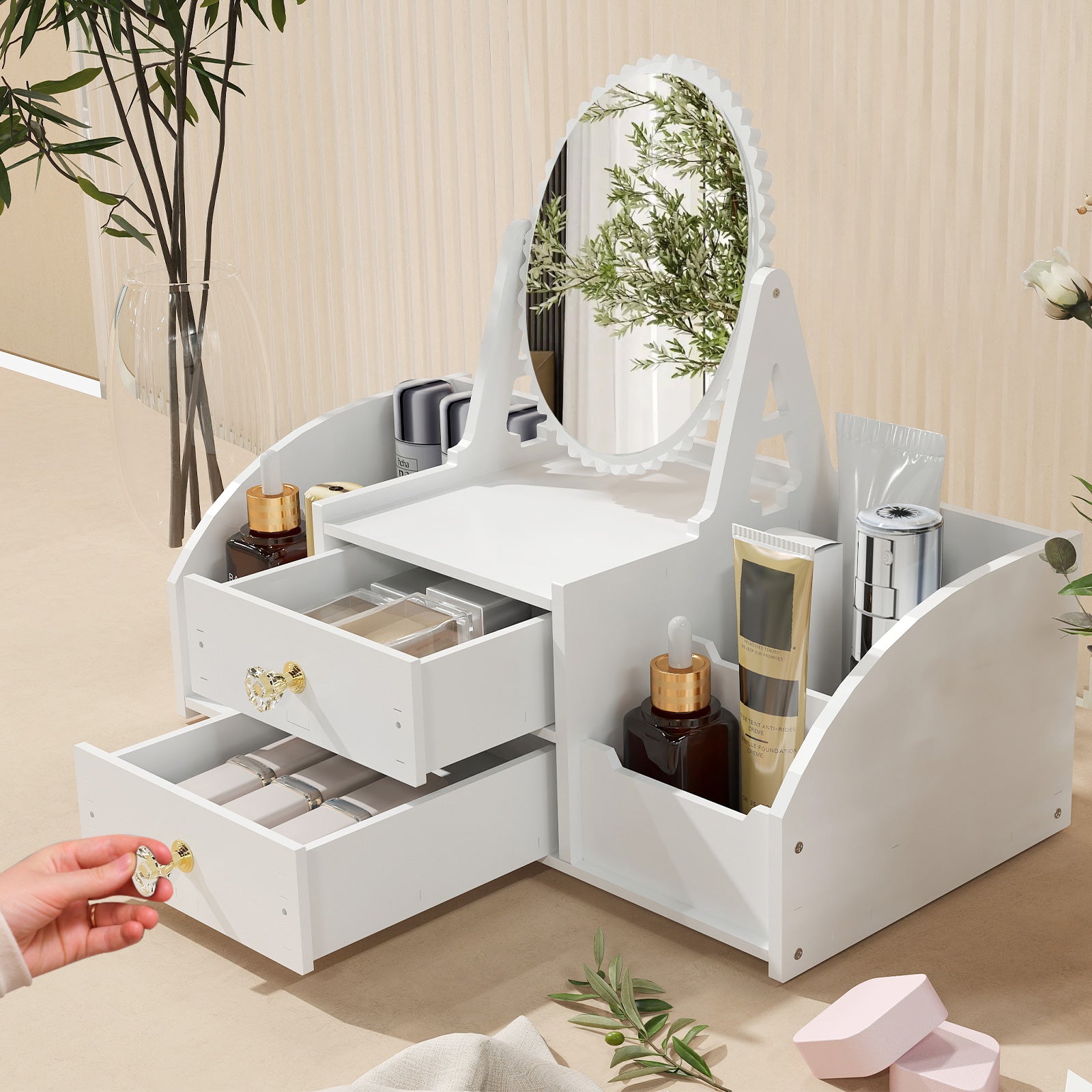 Cosmetics Storage for Vanity with Rotating Mirror, 2 Drawers and 4 Compartments Makeup Storage - Bosonshop