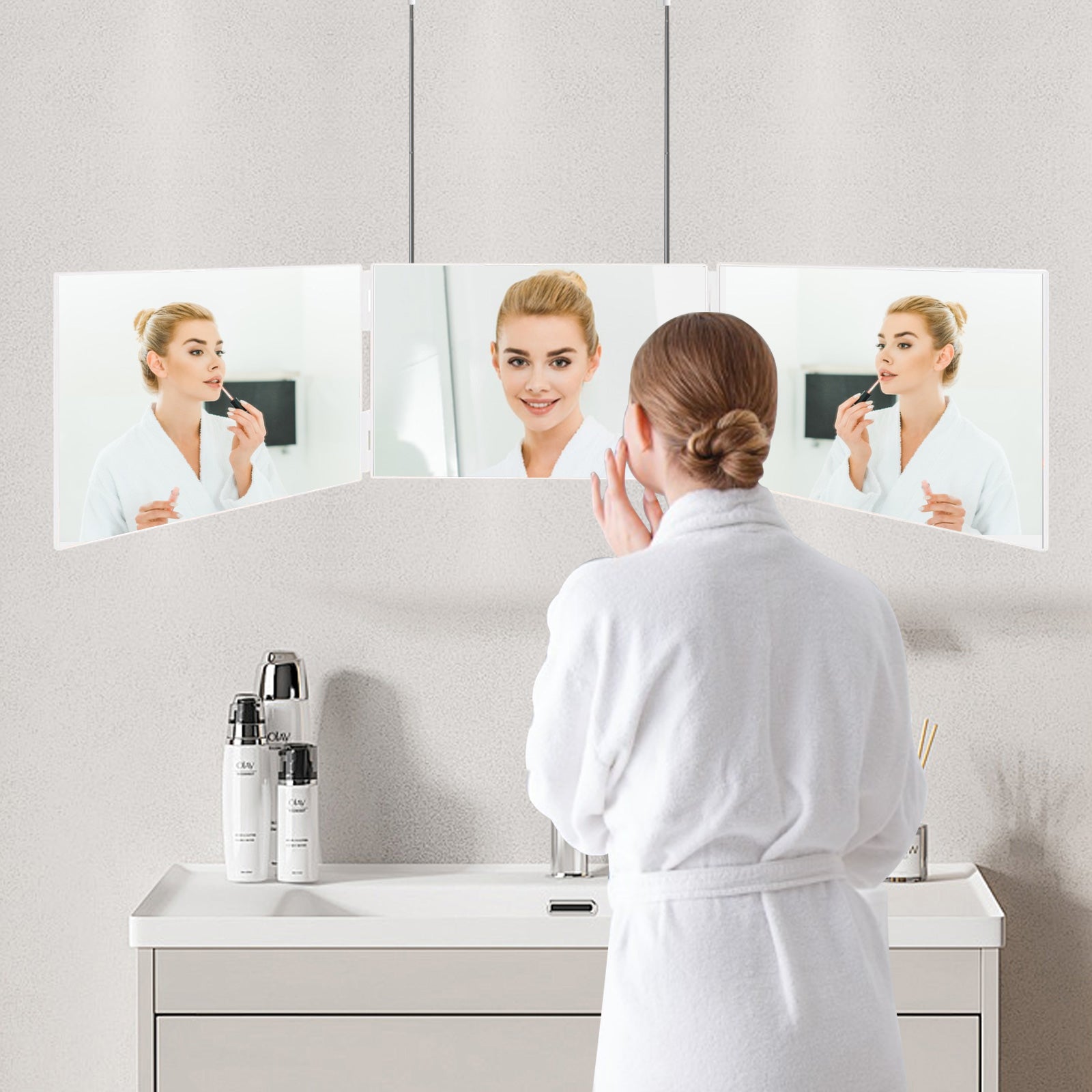 3 Way Mirror for Hair Cutting, 360 Degree Trifold Mirror with Height Adjustable Telescoping Hooks - Bosonshop