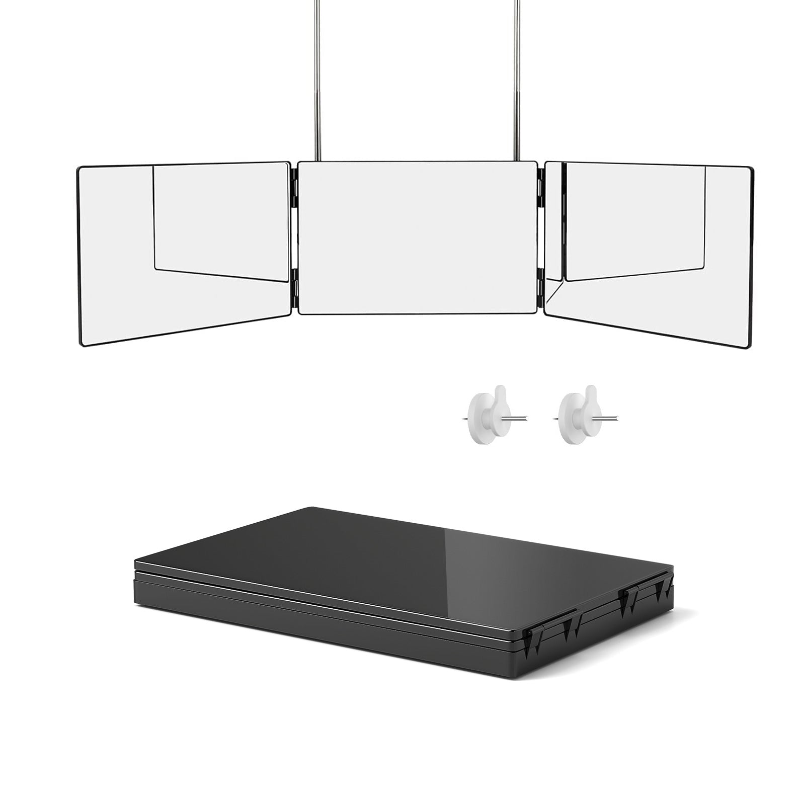 3 Way Mirror for Hair Cutting, 360 Degree Trifold Mirror with Height Adjustable Telescoping Hooks, Black - Bosonshop