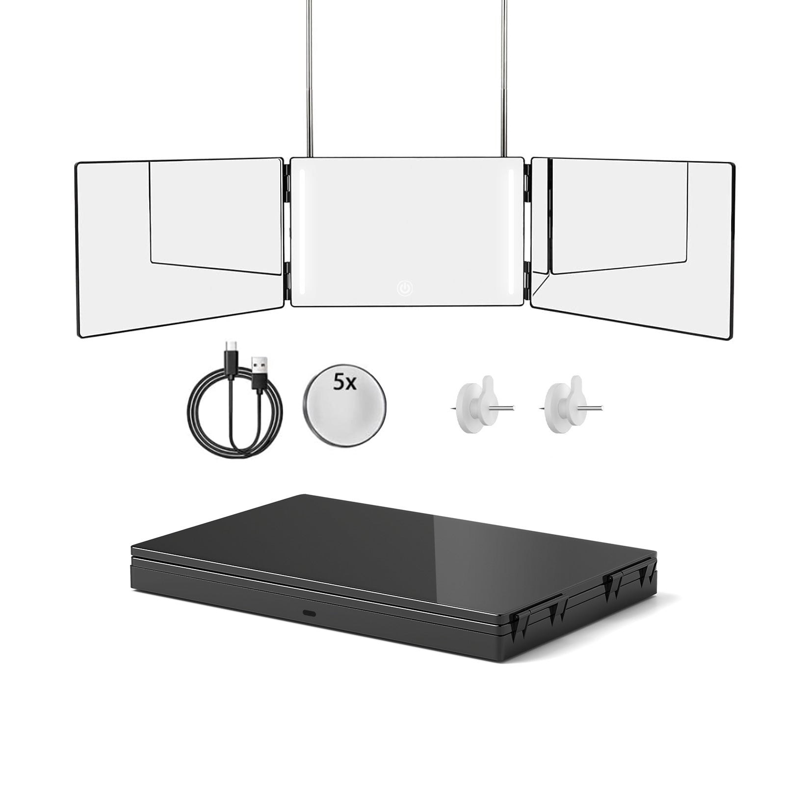 3 Way Mirror with LED Lights for Hair Cutting, 360 Degree Trifold Mirror with Height Adjustable Hooks - Bosonshop
