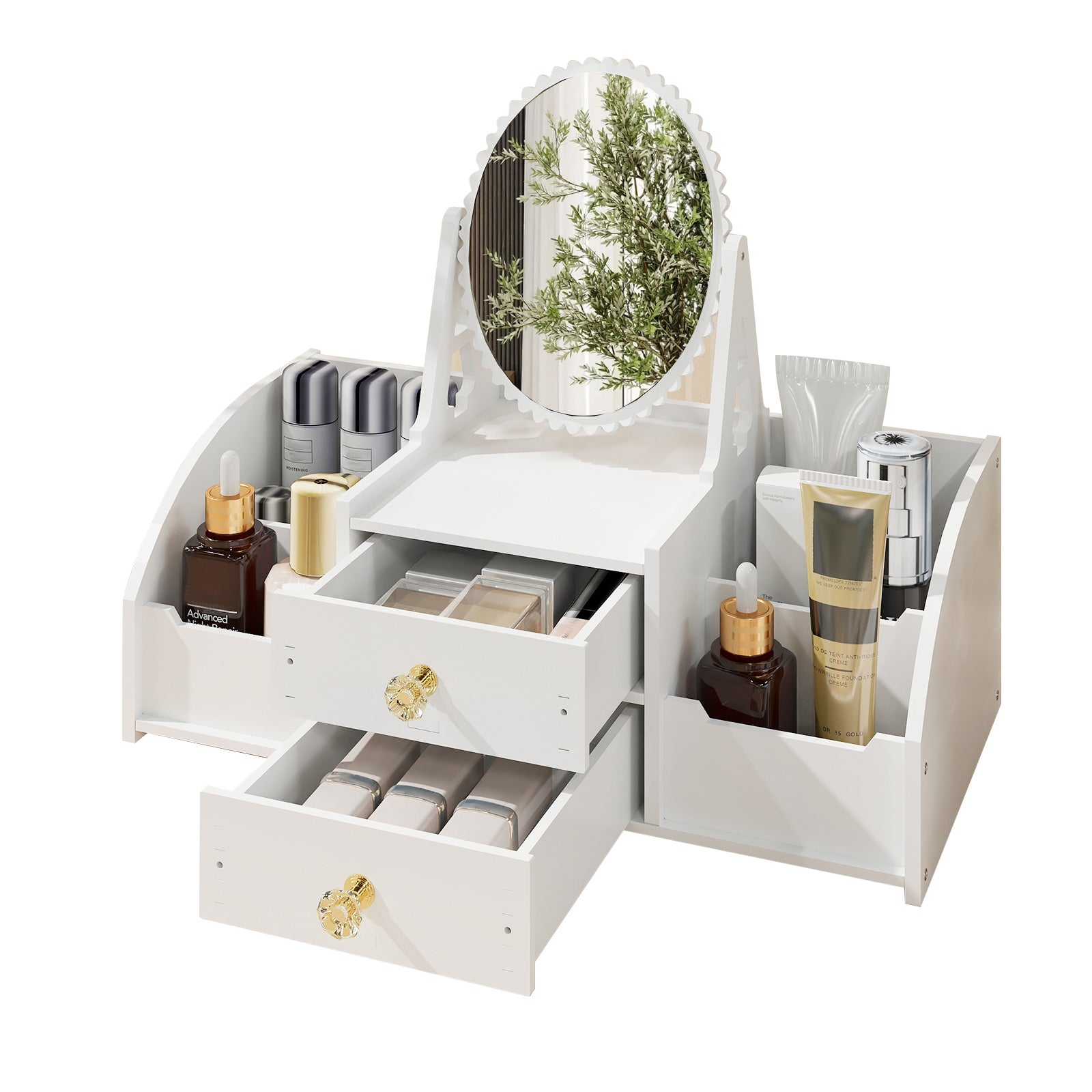 Cosmetics Storage for Vanity with Rotating Mirror, 2 Drawers and 4 Compartments Makeup Storage - Bosonshop