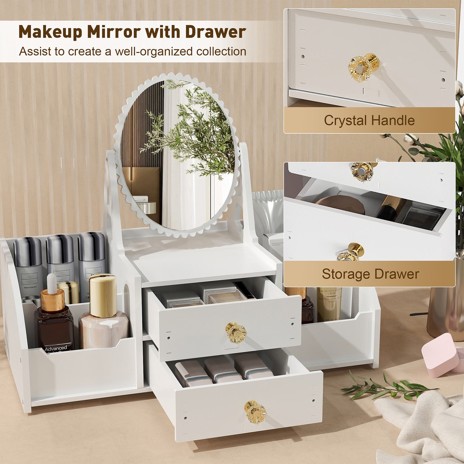 Cosmetics Storage for Vanity with Rotating Mirror, 2 Drawers and 4 Compartments Makeup Storage - Bosonshop