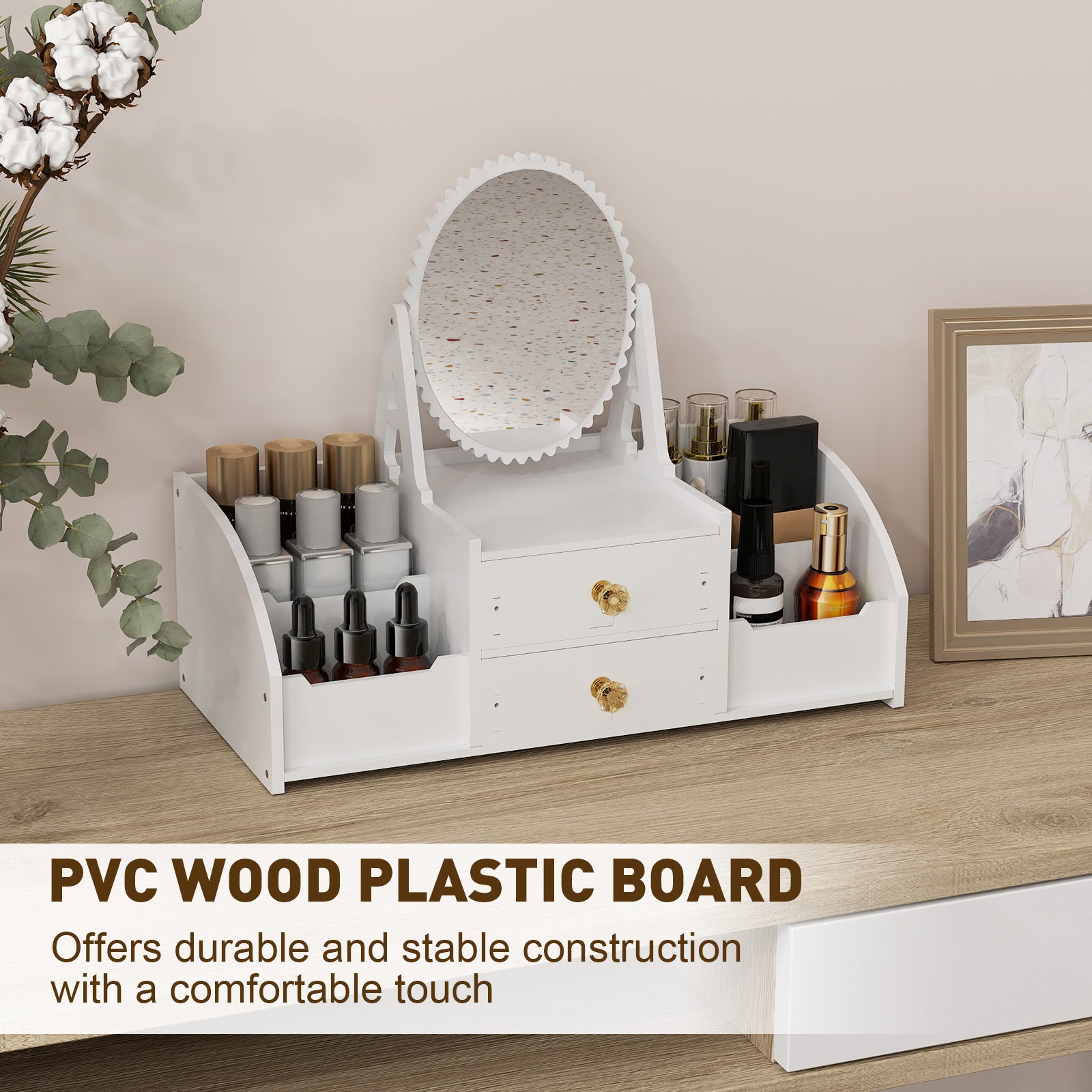 Cosmetics Storage for Vanity with Rotating Mirror, 2 Drawers and 4 Compartments Makeup Storage - Bosonshop