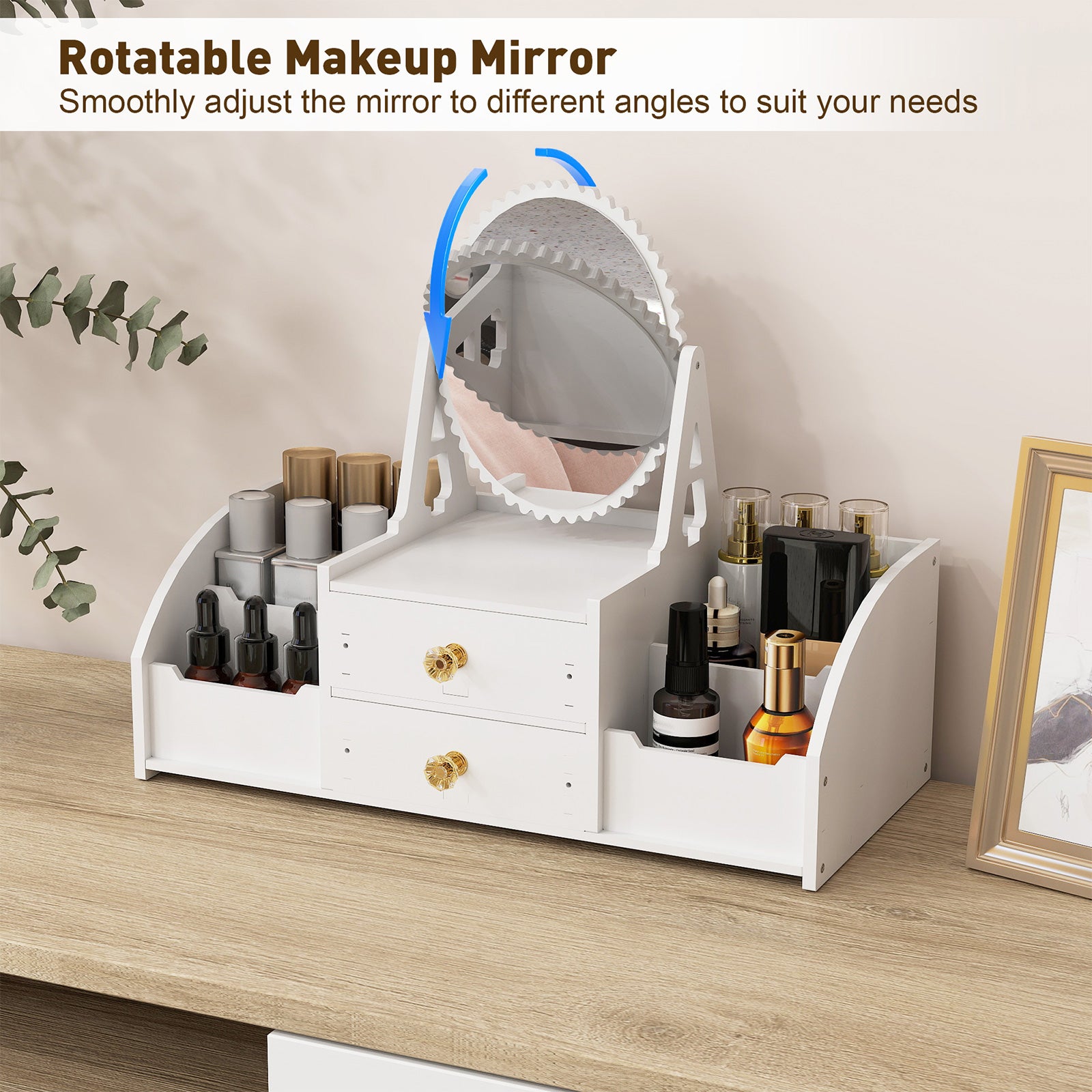 Cosmetics Storage for Vanity with Rotating Mirror, 2 Drawers and 4 Compartments Makeup Storage - Bosonshop
