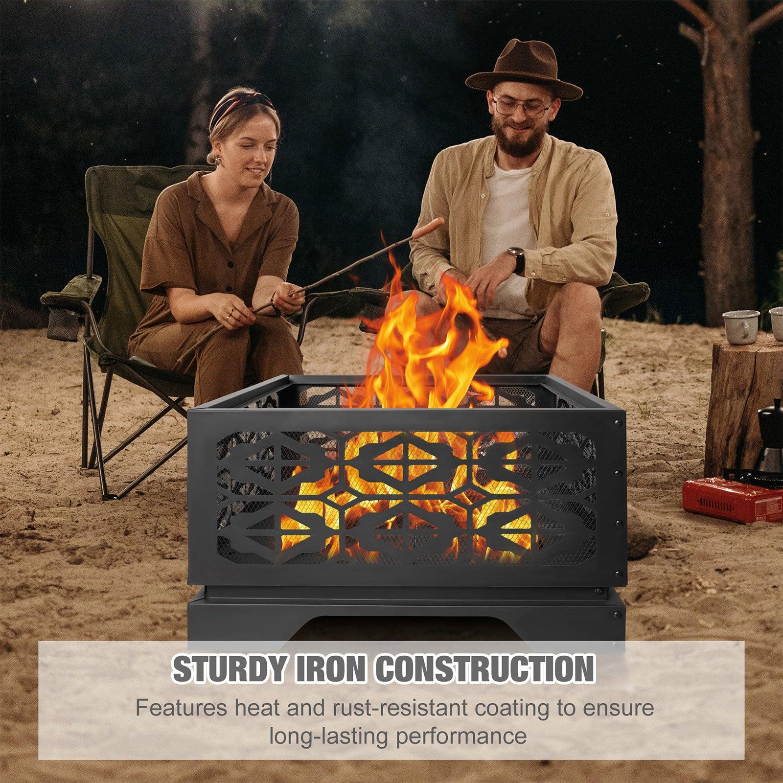 Square Outdoor Wood Burning Fire Pit 26" with Steel BBQ Grill, Spark Screen and Poker - Bosonshop