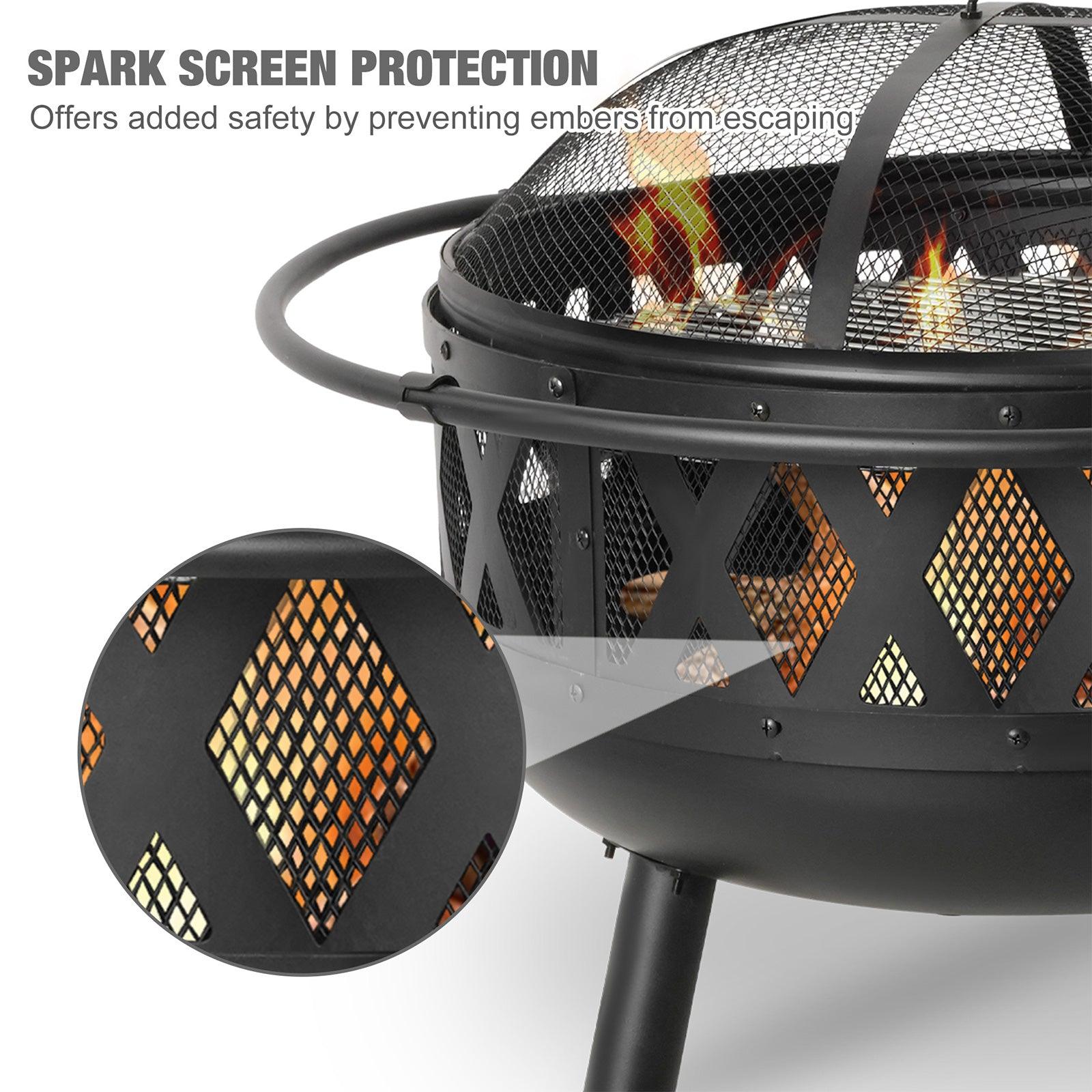 Round Outdoor Wood Burning Fire Pit 22.8" with Steel BBQ Grill, Spark Screen and Poker - Bosonshop