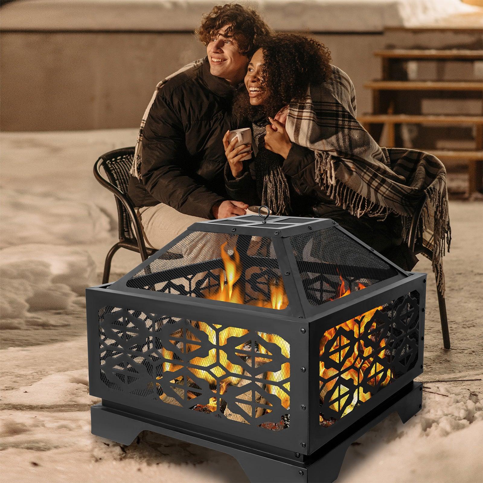 Square Outdoor Wood Burning Fire Pit 26" with Steel BBQ Grill, Spark Screen and Poker - Bosonshop