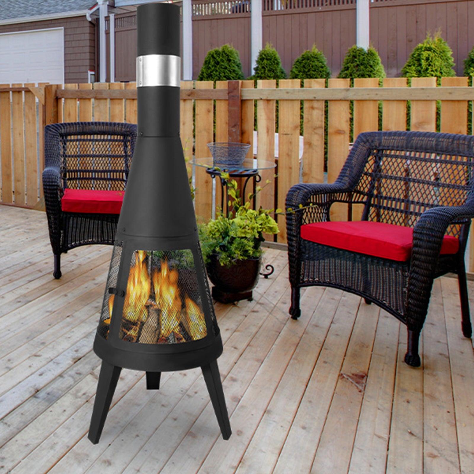 Chiminea Outdoor Fireplace 47.6" Metal Wood Burning Fire Pit with Log Grate, Black - Bosonshop
