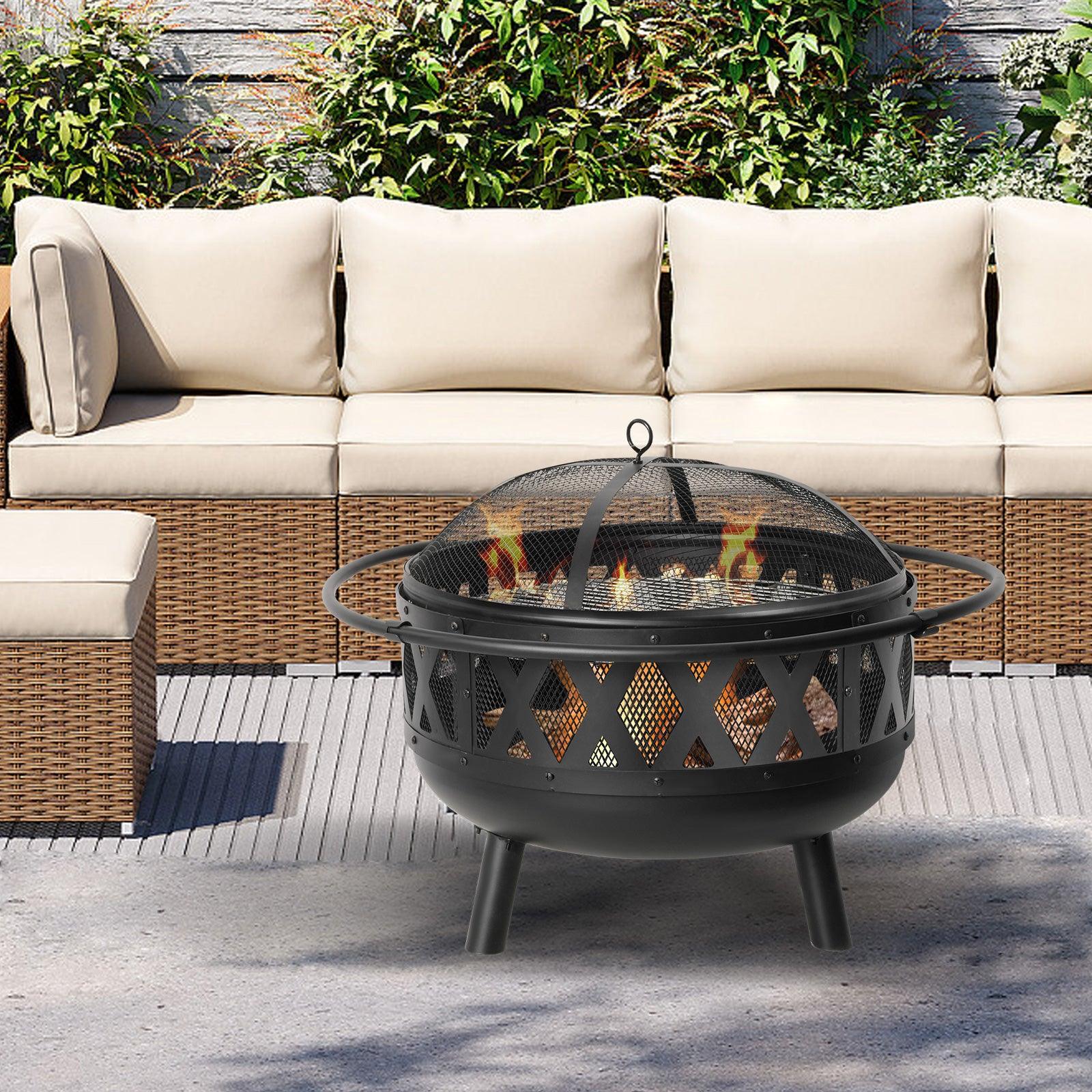Round Outdoor Wood Burning Fire Pit 22.8" with Steel BBQ Grill, Spark Screen and Poker - Bosonshop
