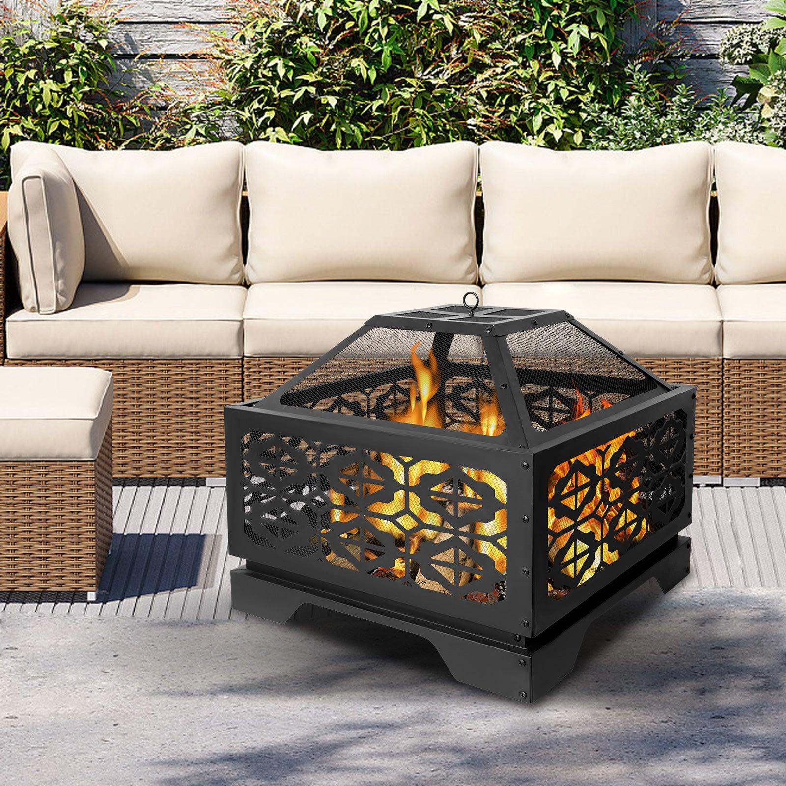 Square Outdoor Wood Burning Fire Pit 26" with Steel BBQ Grill, Spark Screen and Poker - Bosonshop