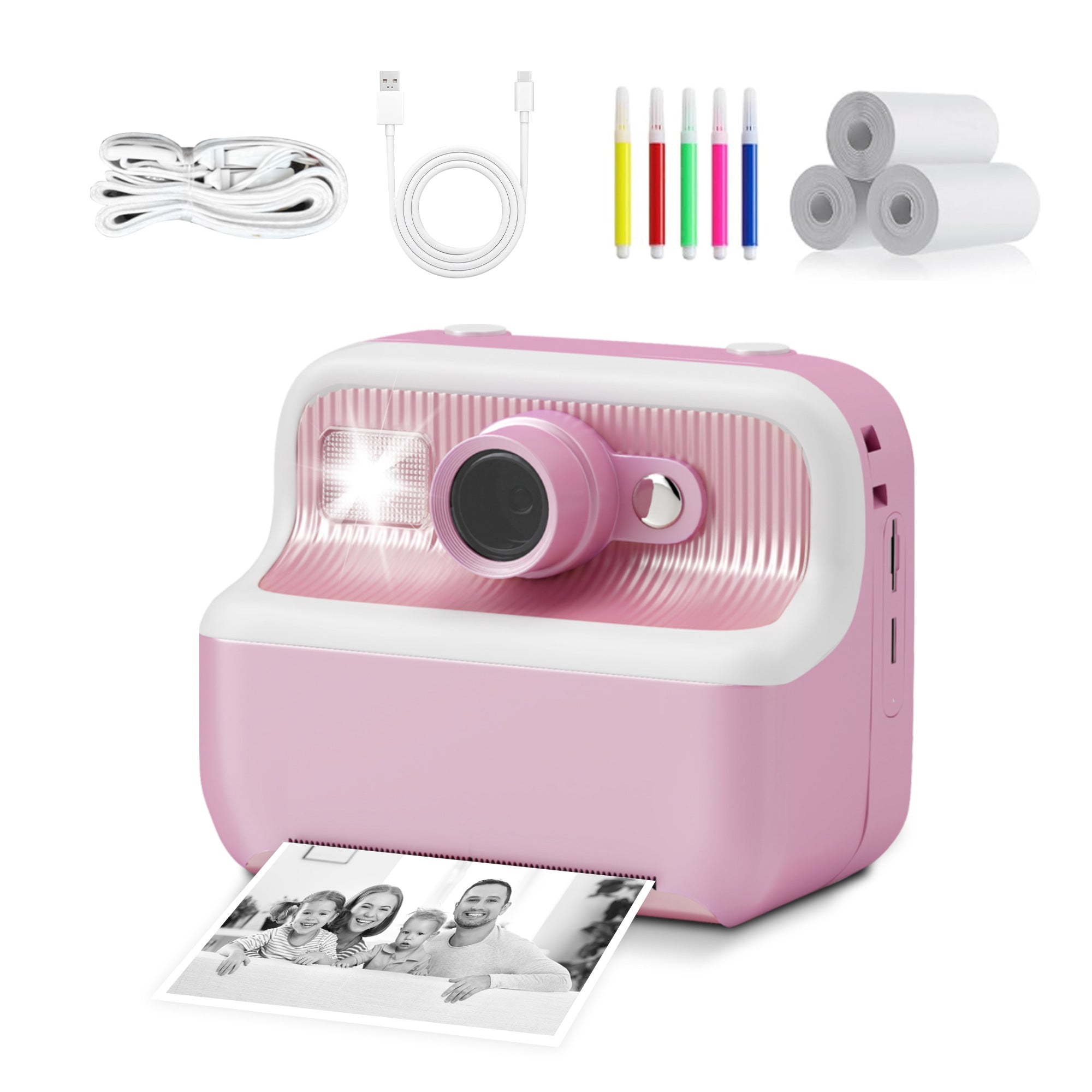 Instant Print Camera for Kids, Dual-Lens 48MP Digital Camera 2.4 Inch Screen with 3 Rolls Paper, Pink - Bosonshop
