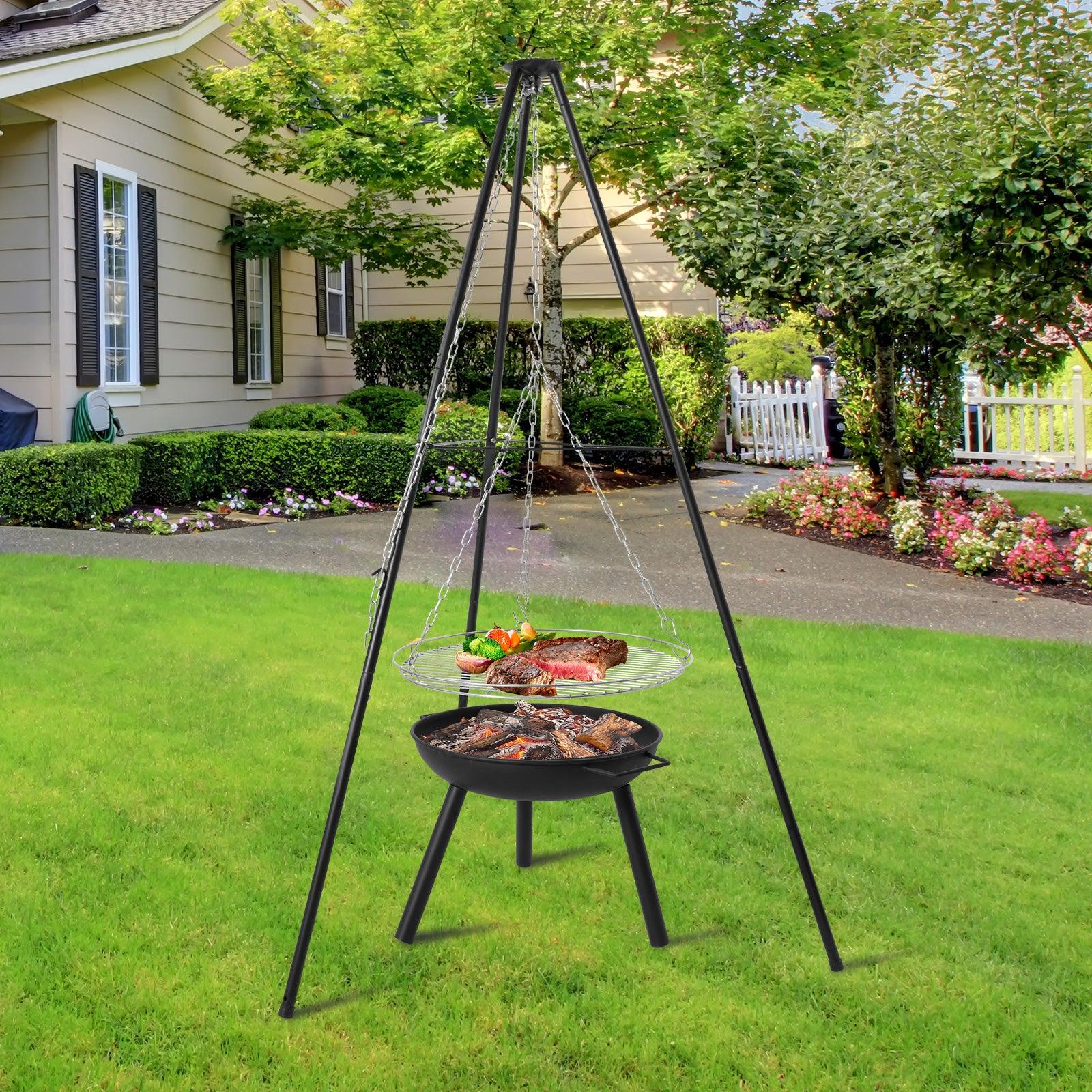 (Out of Stock) Outdoor Height Adjustable Wood Burning Fire Pit Tripod Cooking Grill with Round Grill Grate - Bosonshop