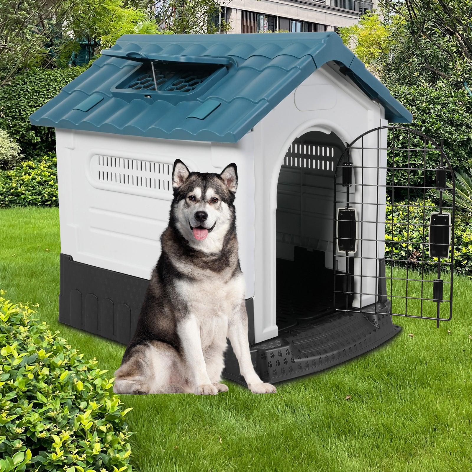 Outdoor Blue Sloped Roof 46.4" Height Large Dog House Plastic Waterproof Kennel with Air Vents - Bosonshop