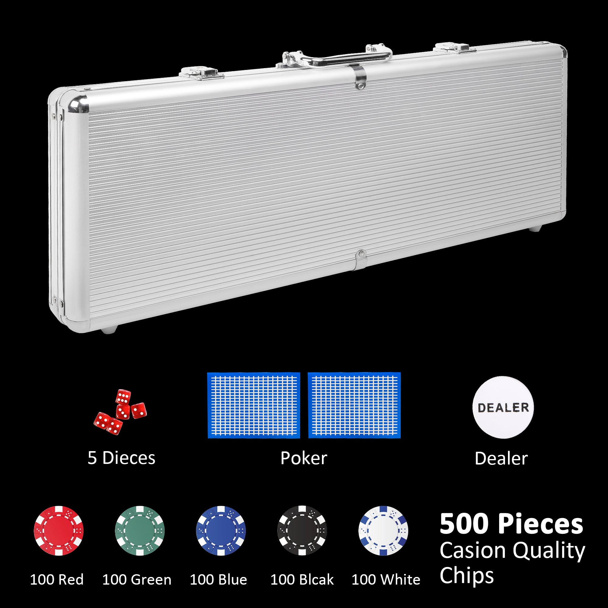 500Pc Poker Game Set with Carrying Case, Cards, Dice and 500 Casino Chips - Bosonshop