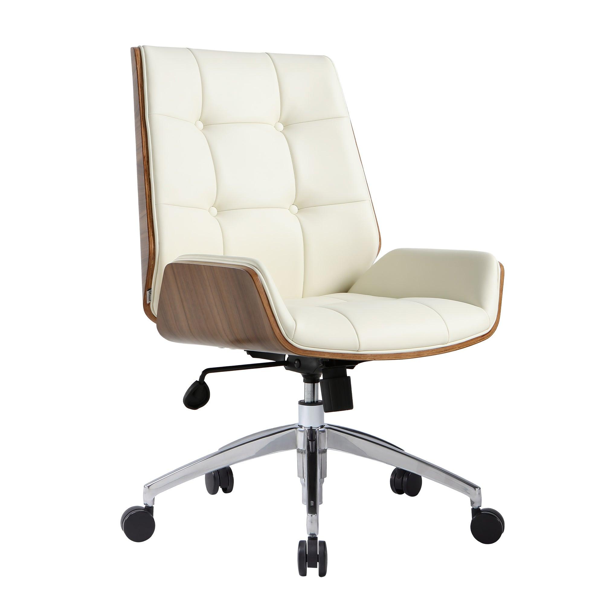 Executive Office Chair with Adjustable Height, Tilt Function, Solid Wood Arms and Base, 360° Swivel - Leather Office Chair for Office and Home Work in White - Bosonshop