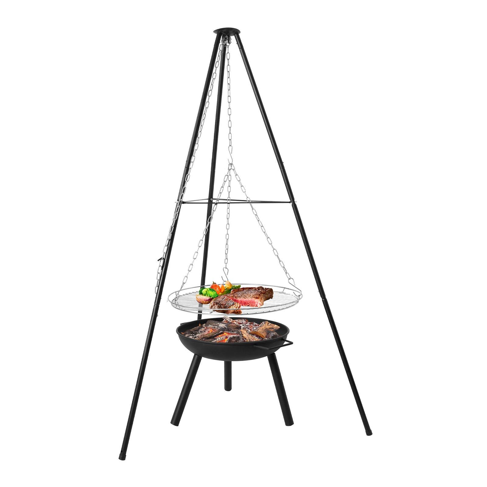 (Out of Stock) Outdoor Height Adjustable Wood Burning Fire Pit Tripod Cooking Grill with Round Grill Grate - Bosonshop