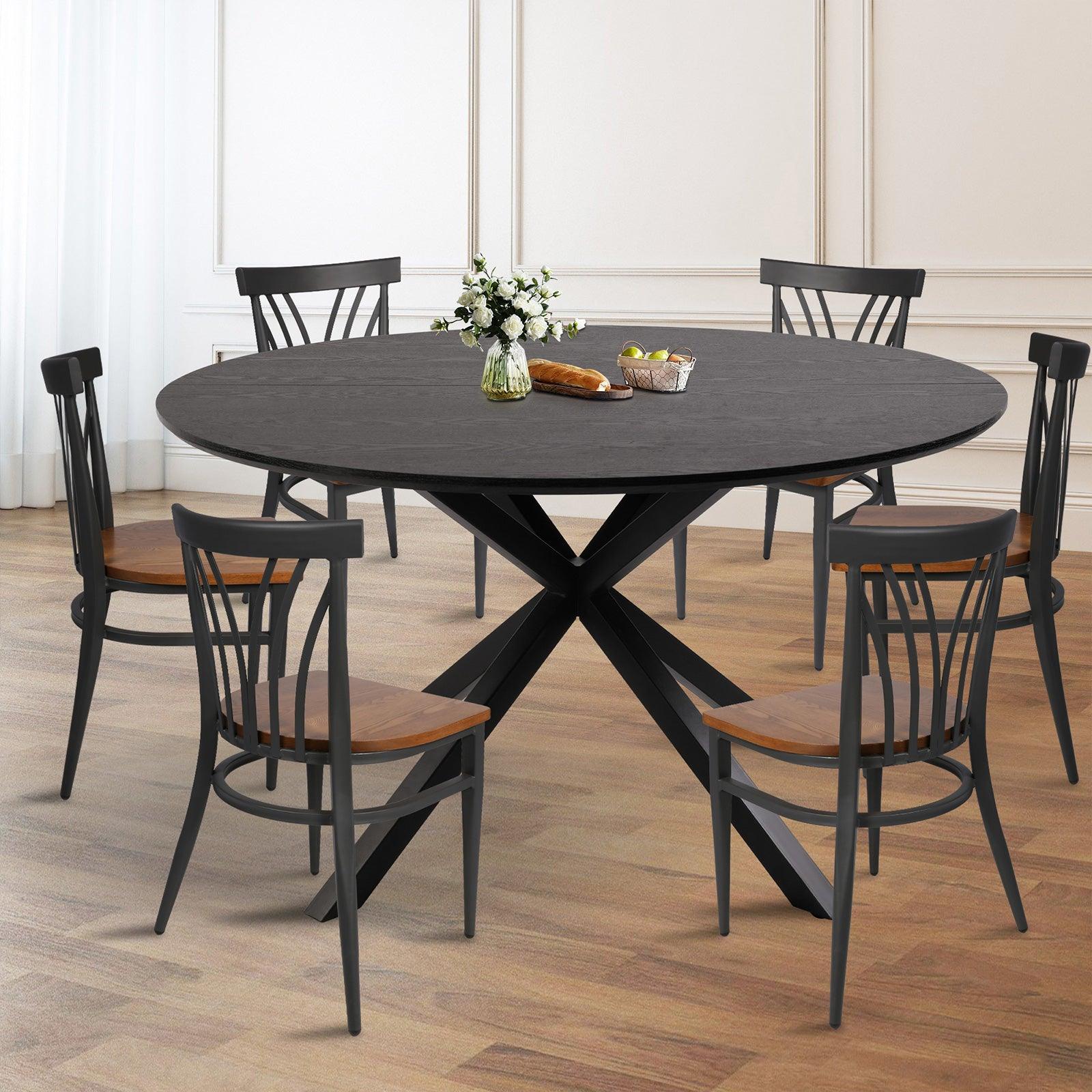 53" Mid-Century Modern Round Dining Room Table for 4-6 Person W/Solid Metal Legs, Black Wood Grain - Bosonshop
