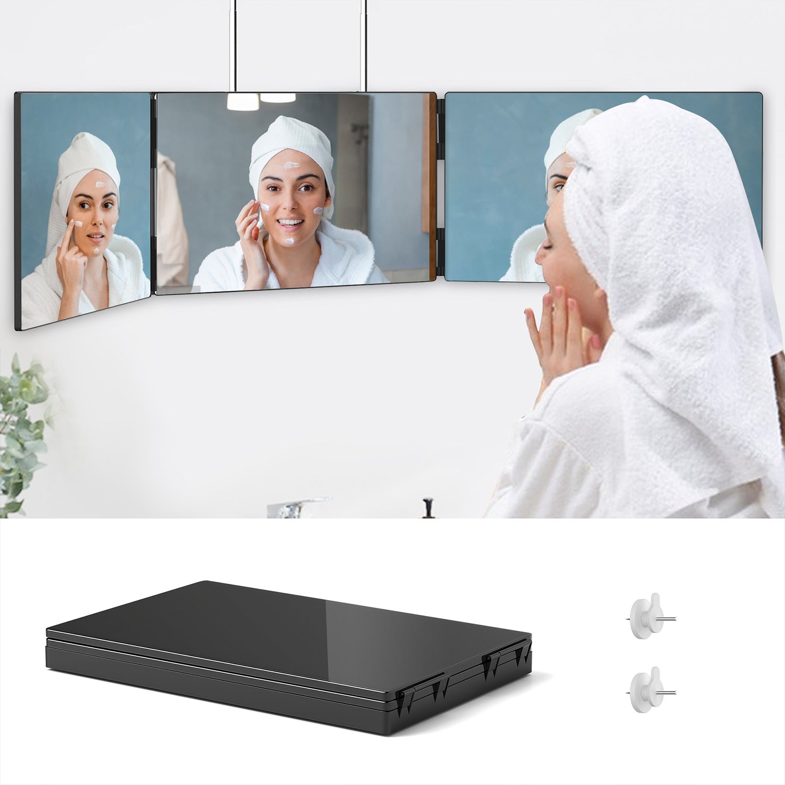3 Way Mirror for Hair Cutting, 360 Degree Trifold Mirror with Height Adjustable Telescoping Hooks, Black - Bosonshop