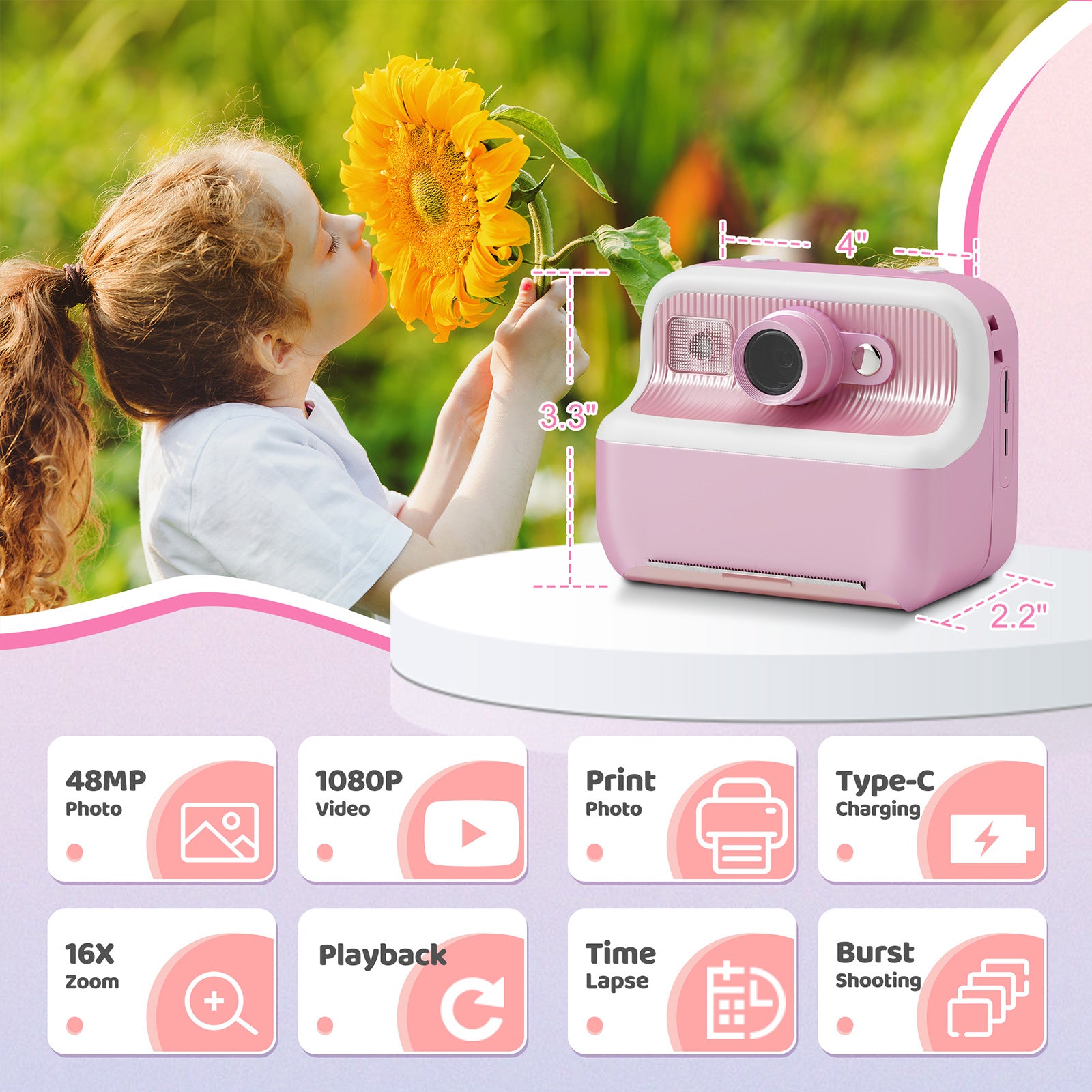 Instant Print Camera for Kids, Dual-Lens 48MP Digital Camera 2.4 Inch Screen with 3 Rolls Paper, Pink - Bosonshop
