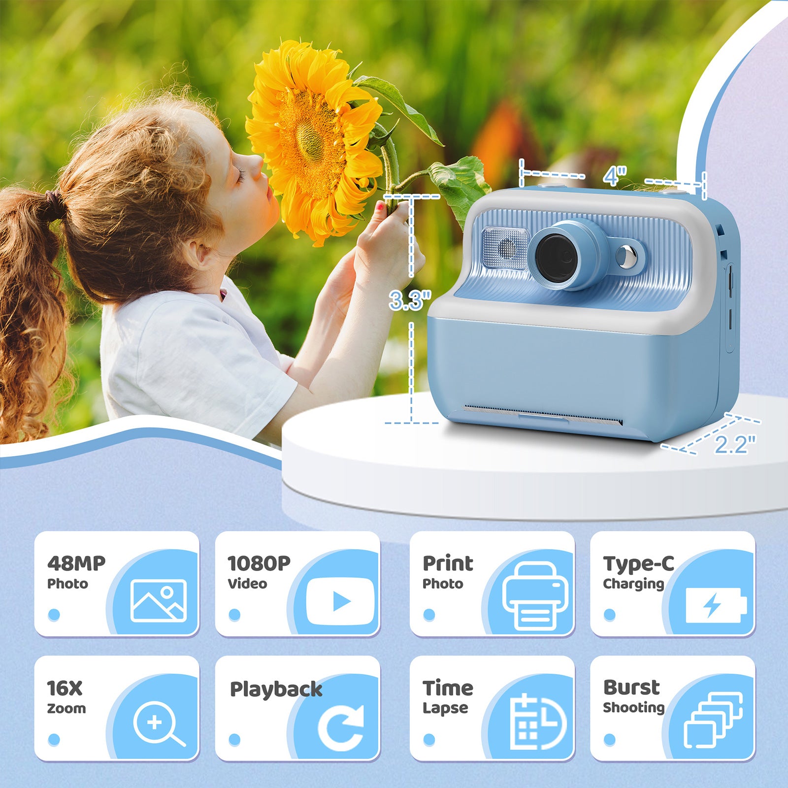 Instant Print Camera for Kids, Dual-Lens 48MP Digital Camera 2.4 Inch Screen with 3 Rolls Paper, Blue - Bosonshop