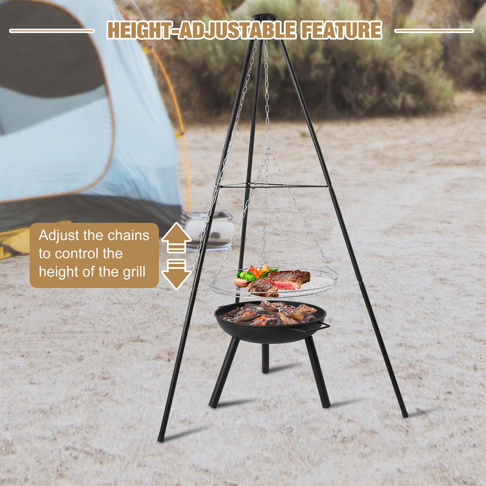 (Out of Stock) Outdoor Height Adjustable Wood Burning Fire Pit Tripod Cooking Grill with Round Grill Grate - Bosonshop