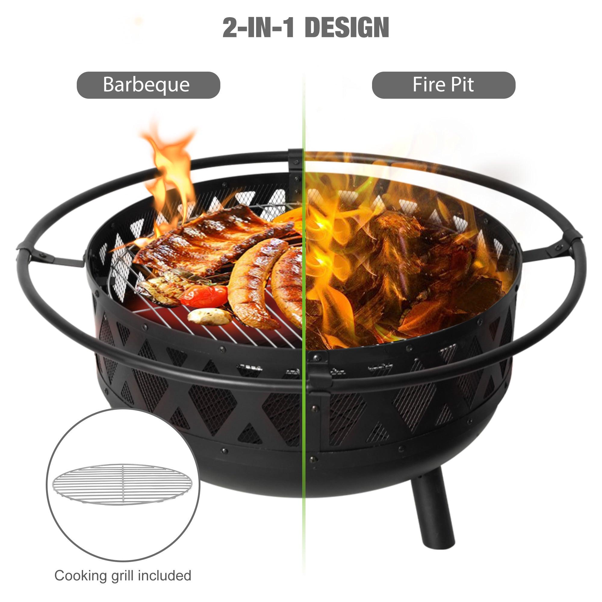 Round Outdoor Wood Burning Fire Pit 22.8" with Steel BBQ Grill, Spark Screen and Poker - Bosonshop