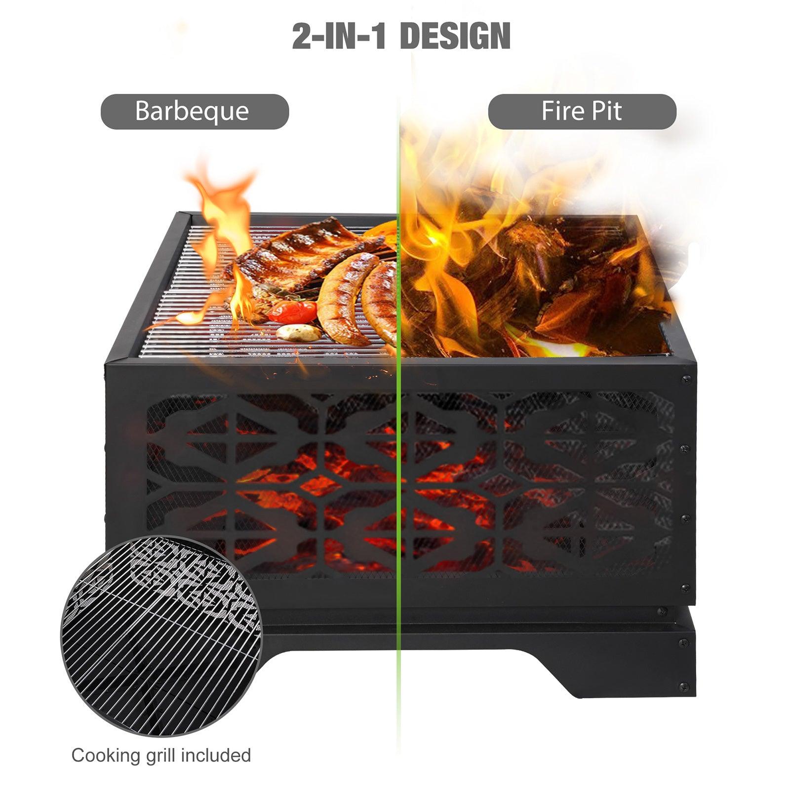 Square Outdoor Wood Burning Fire Pit 26" with Steel BBQ Grill, Spark Screen and Poker - Bosonshop