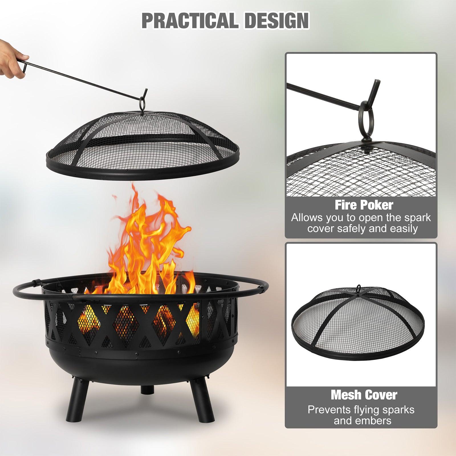 Round Outdoor Wood Burning Fire Pit 22.8" with Steel BBQ Grill, Spark Screen and Poker - Bosonshop