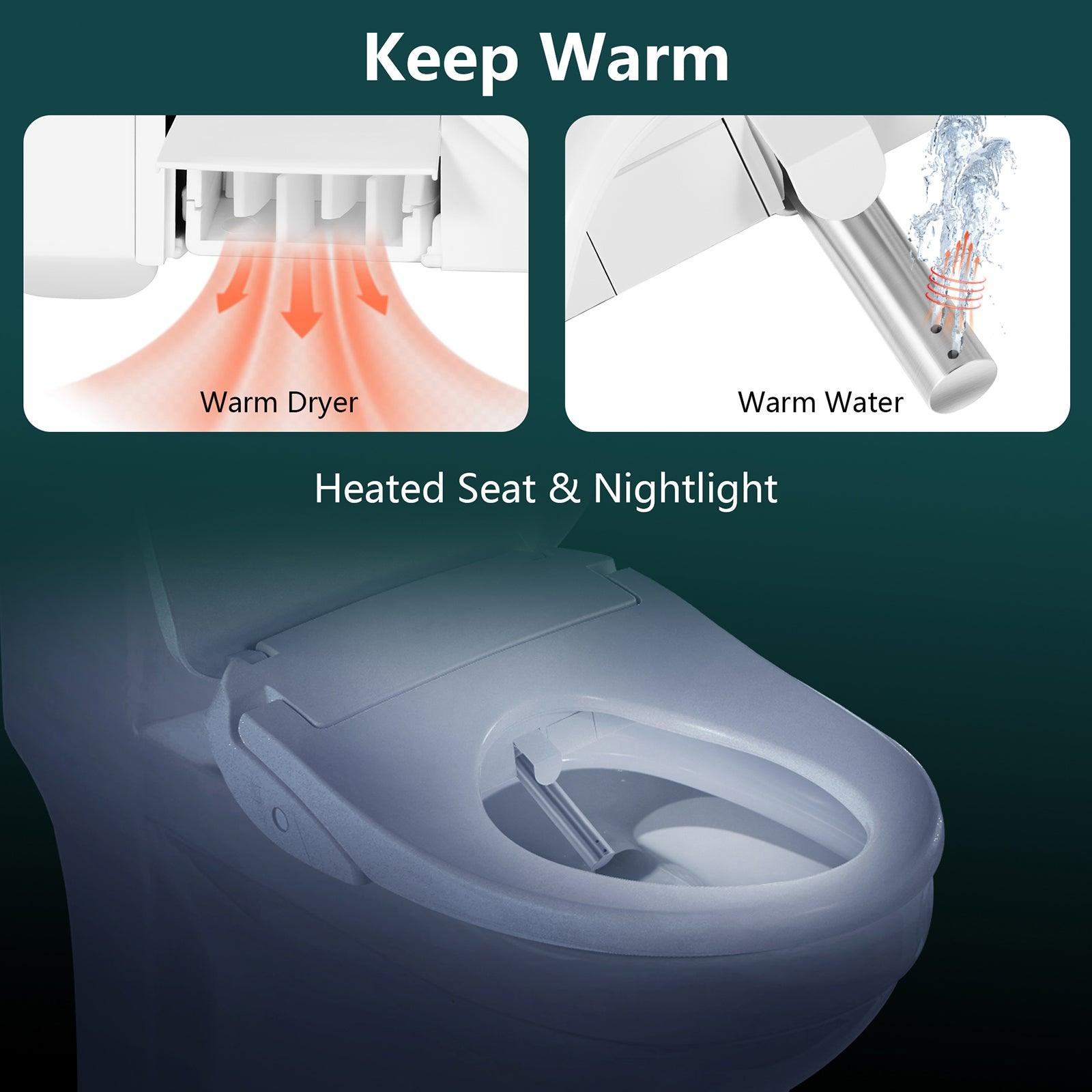 Electric Bidet Fits Elongated Toilets with Wireless Remote Control, Adjustable Nozzle, Multiple Spray Modes, Warm Air Dryer, Nightlight - Bosonshop