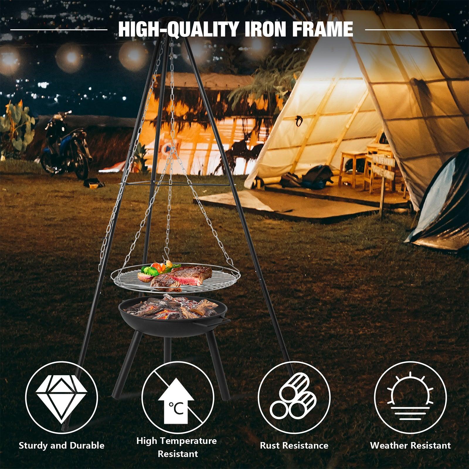 (Out of Stock) Outdoor Height Adjustable Wood Burning Fire Pit Tripod Cooking Grill with Round Grill Grate - Bosonshop