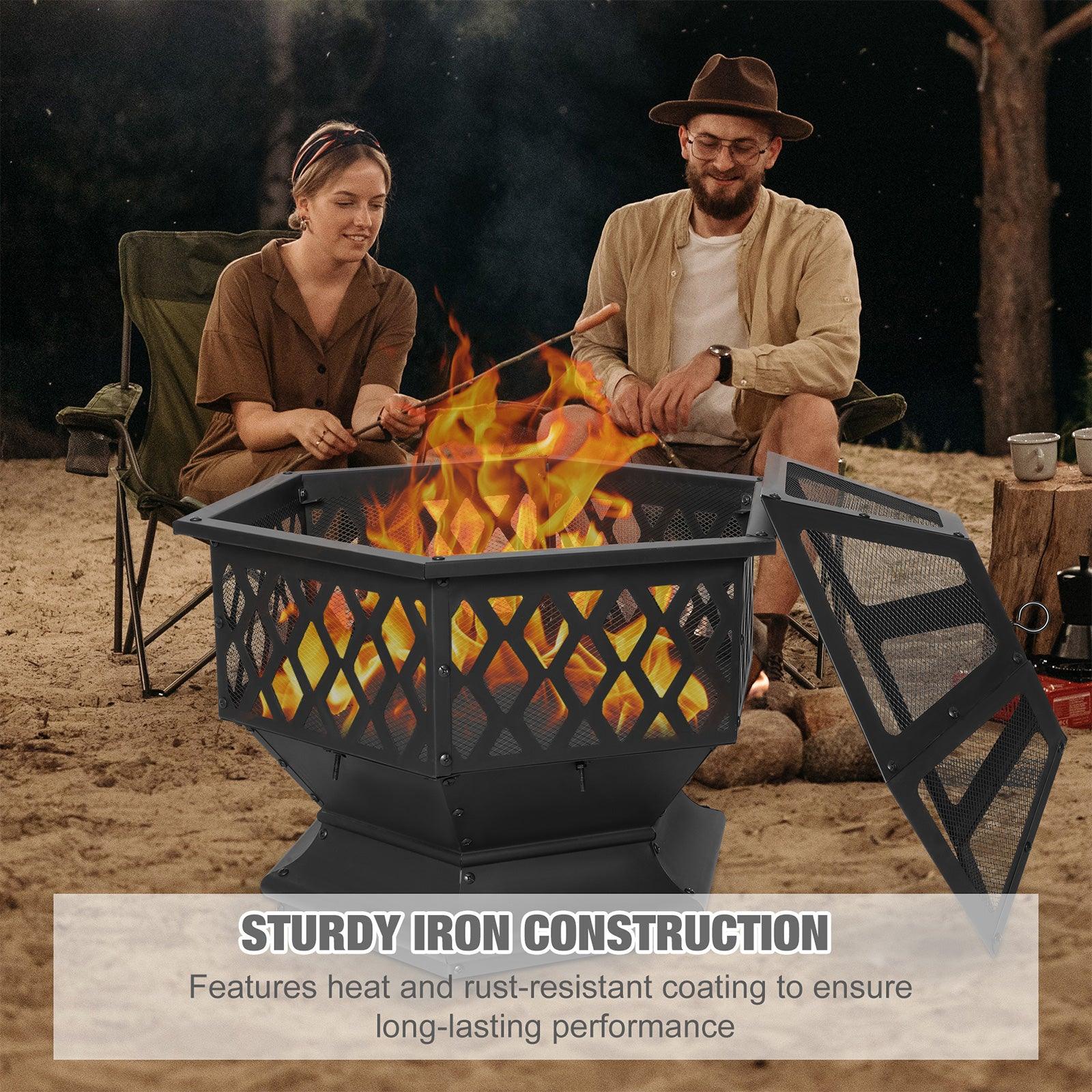 Hex Outdoor Wood Burning Fire Pit 27.6" Patio Fireplace with Spark Screen and Poker - Bosonshop