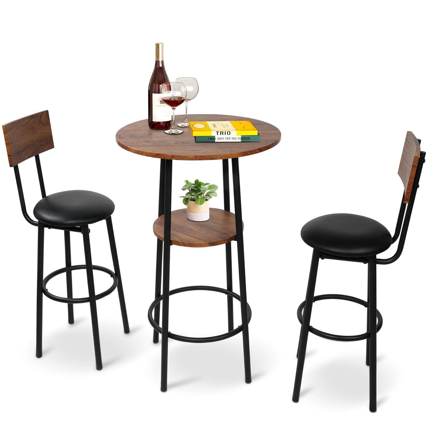Round Bar Table and Chairs Set, 2-Tier Table and PU Upholstered Stools with Backrest - Bosonshop
