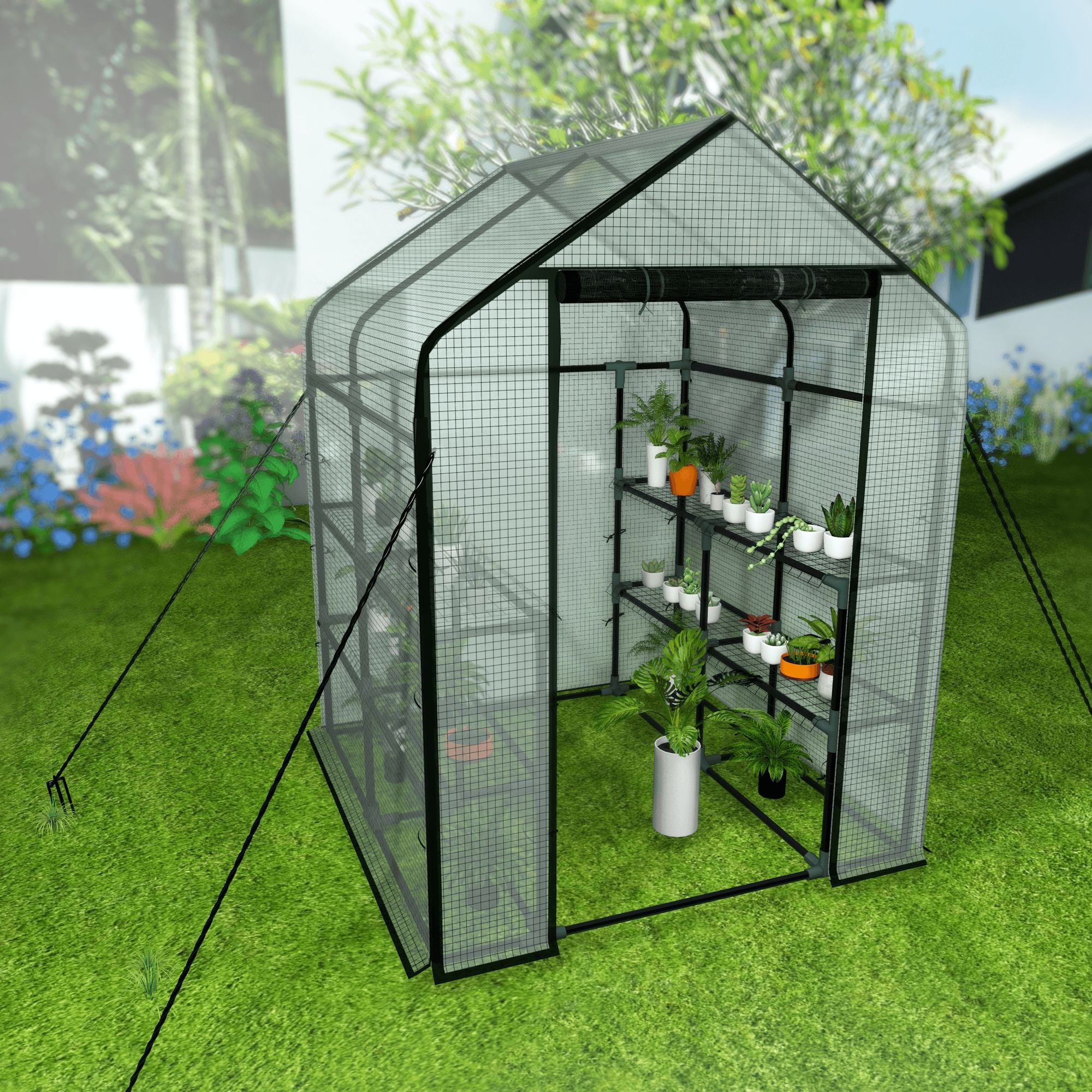 8 Shelves 3 Tiers Walk-in Greenhouse 56.3"L x 56.3"W x 76.8"H Portable Walk In Outdoor Planter House w/ Pegs Ropes - Bosonshop