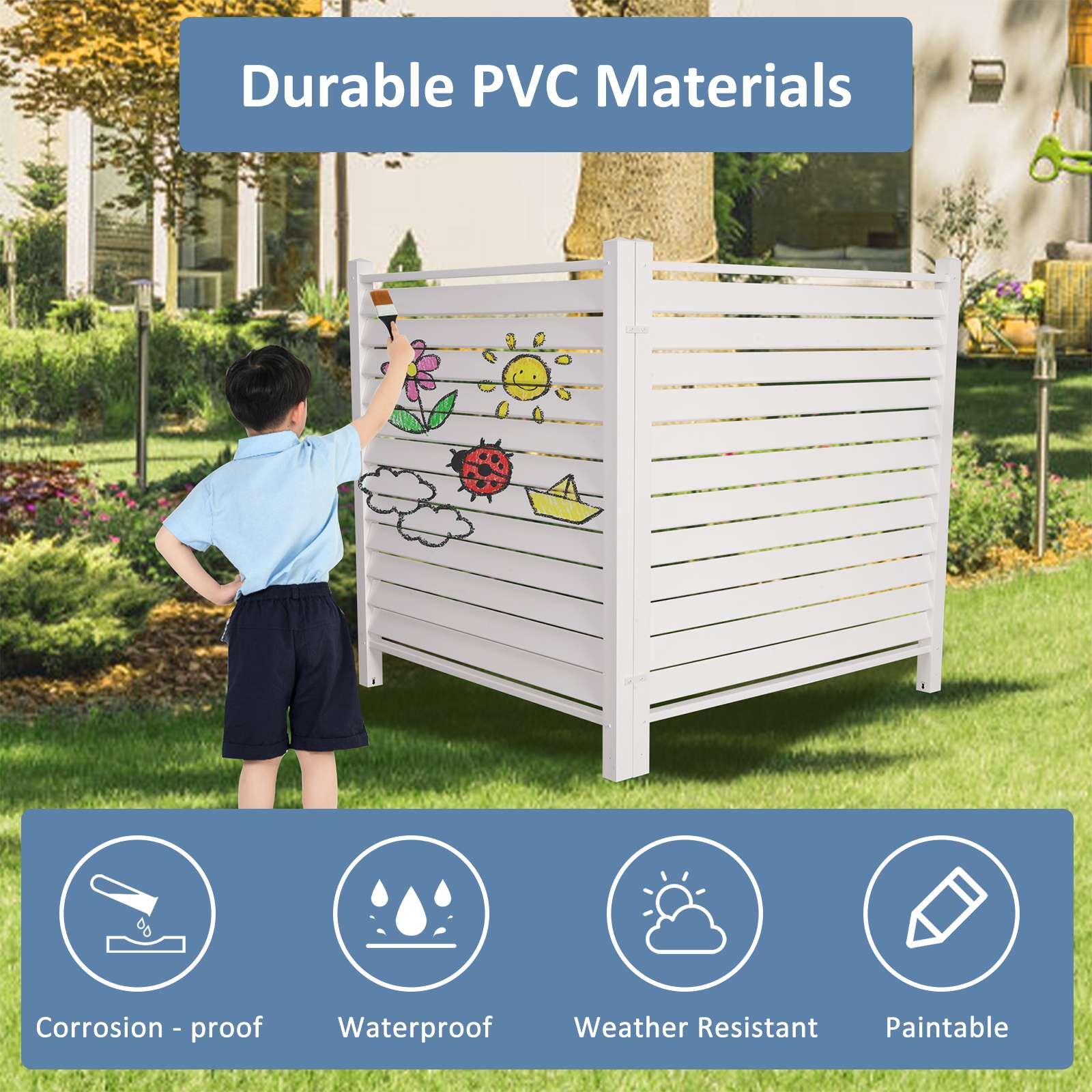 Air Conditioner Fence Privacy Screen 48"x 48", Louvered Outdoor Privacy Vinyl Fence Panels, 2 Panels, White - Bosonshop