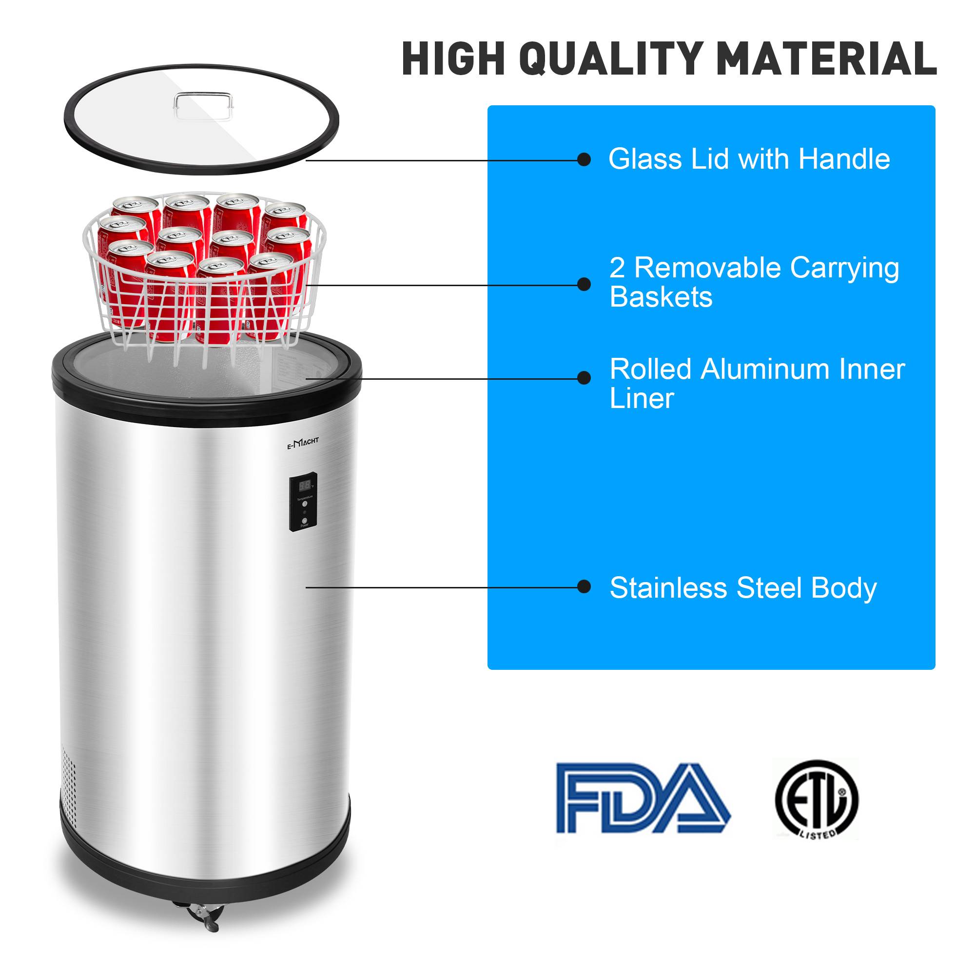 1.8 Cu.ft Beverage Refrigerator Party Cooler Fridge with 4 Universal Wheels, Removable Baskets & LCD Display