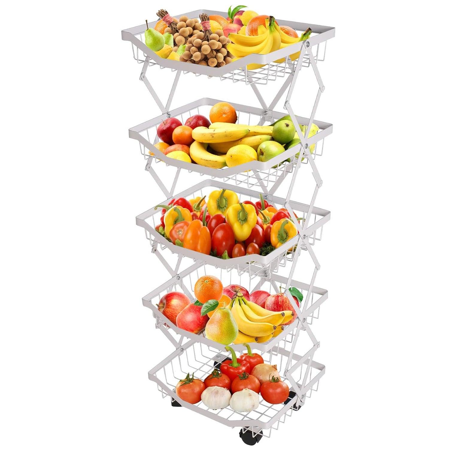 5 Tier Foldable Fruit Basket Kitchen Storage Rolling Cart, Living Room Baskets - Bosonshop