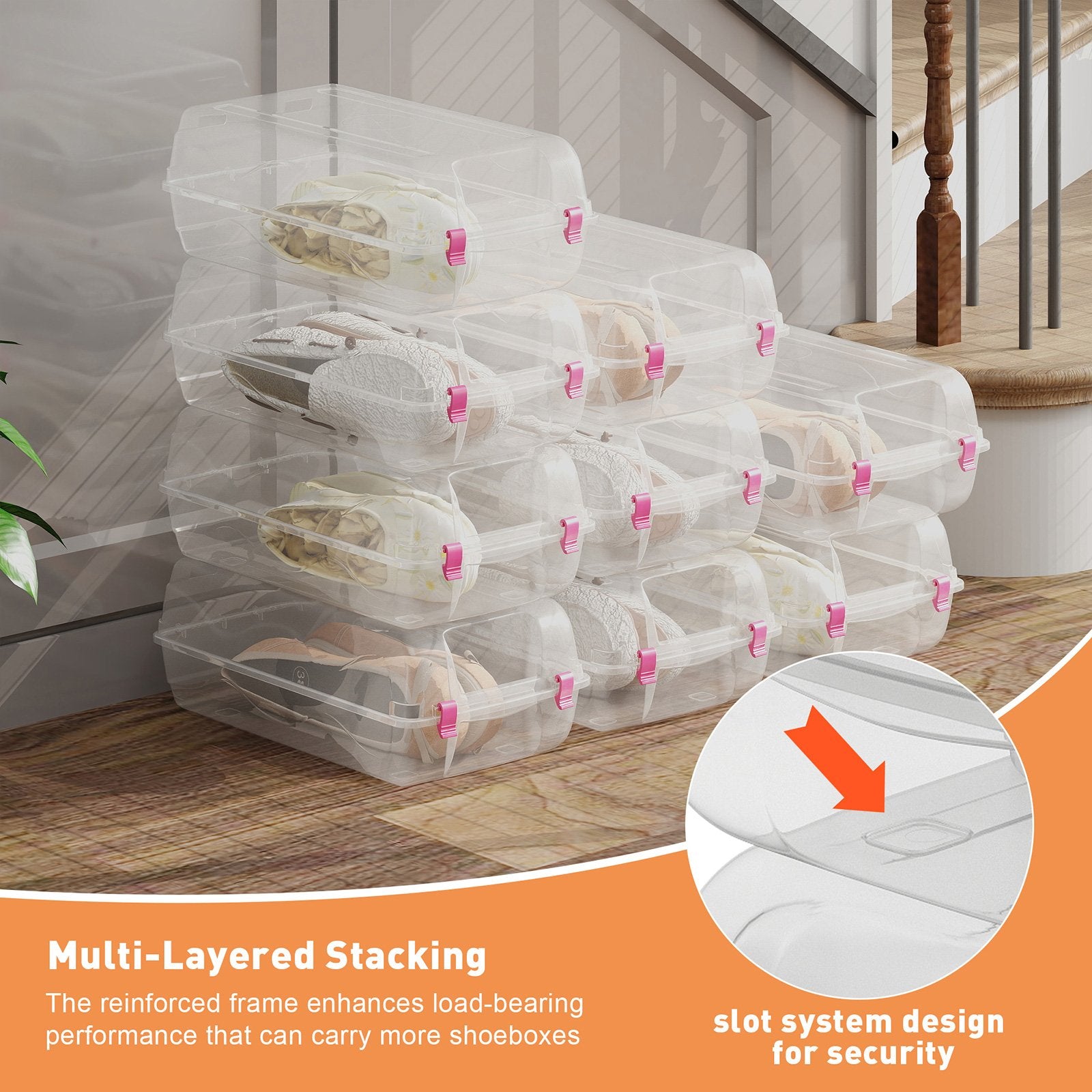 4 Pack Stackable Shoe Organizer with Lids Storage Boxes Sneaker Containers, Pink - Bosonshop