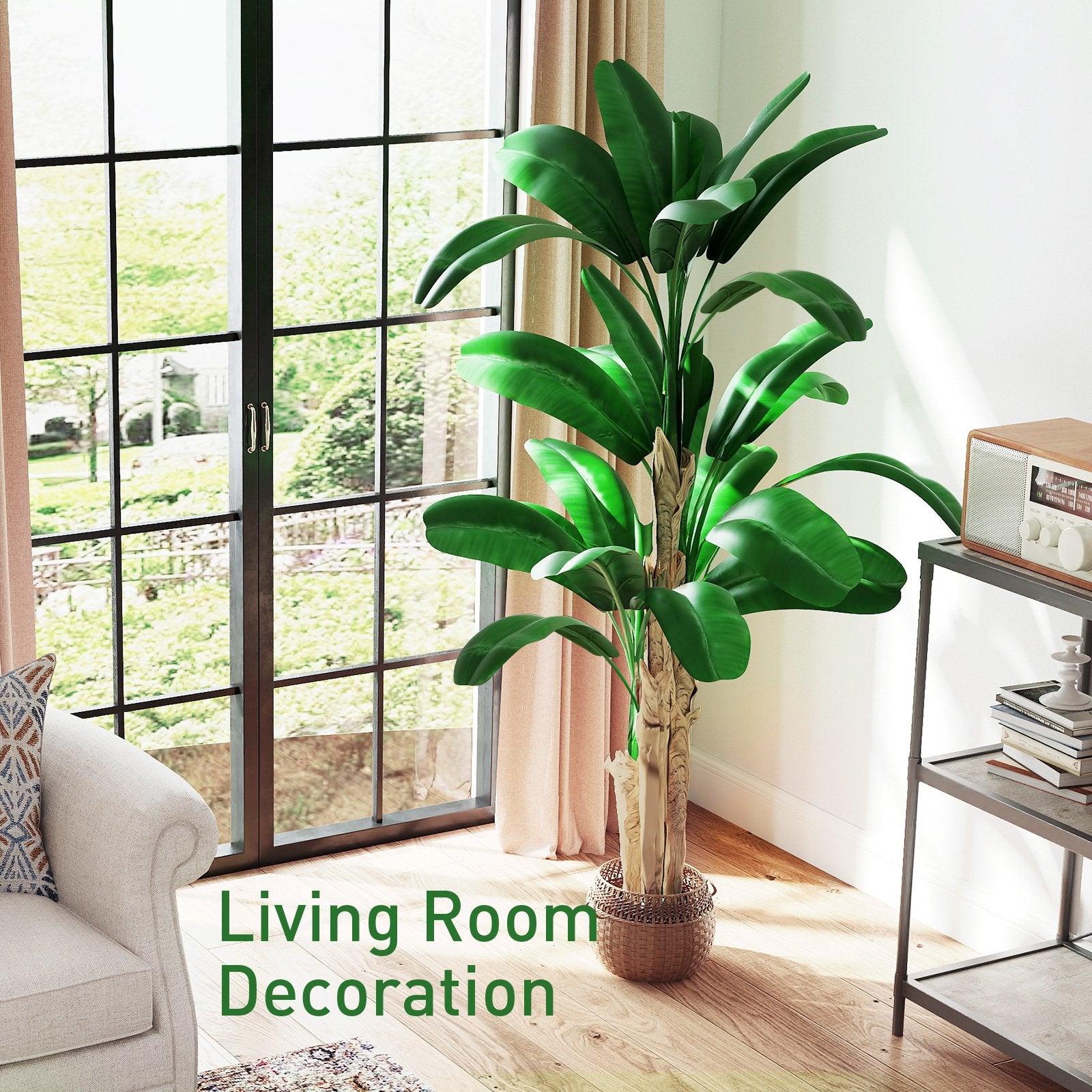 6.2' Artificial Banana Tree in Pot Indoor Ornament Green Plant with Decorative Leaves, Green - Bosonshop