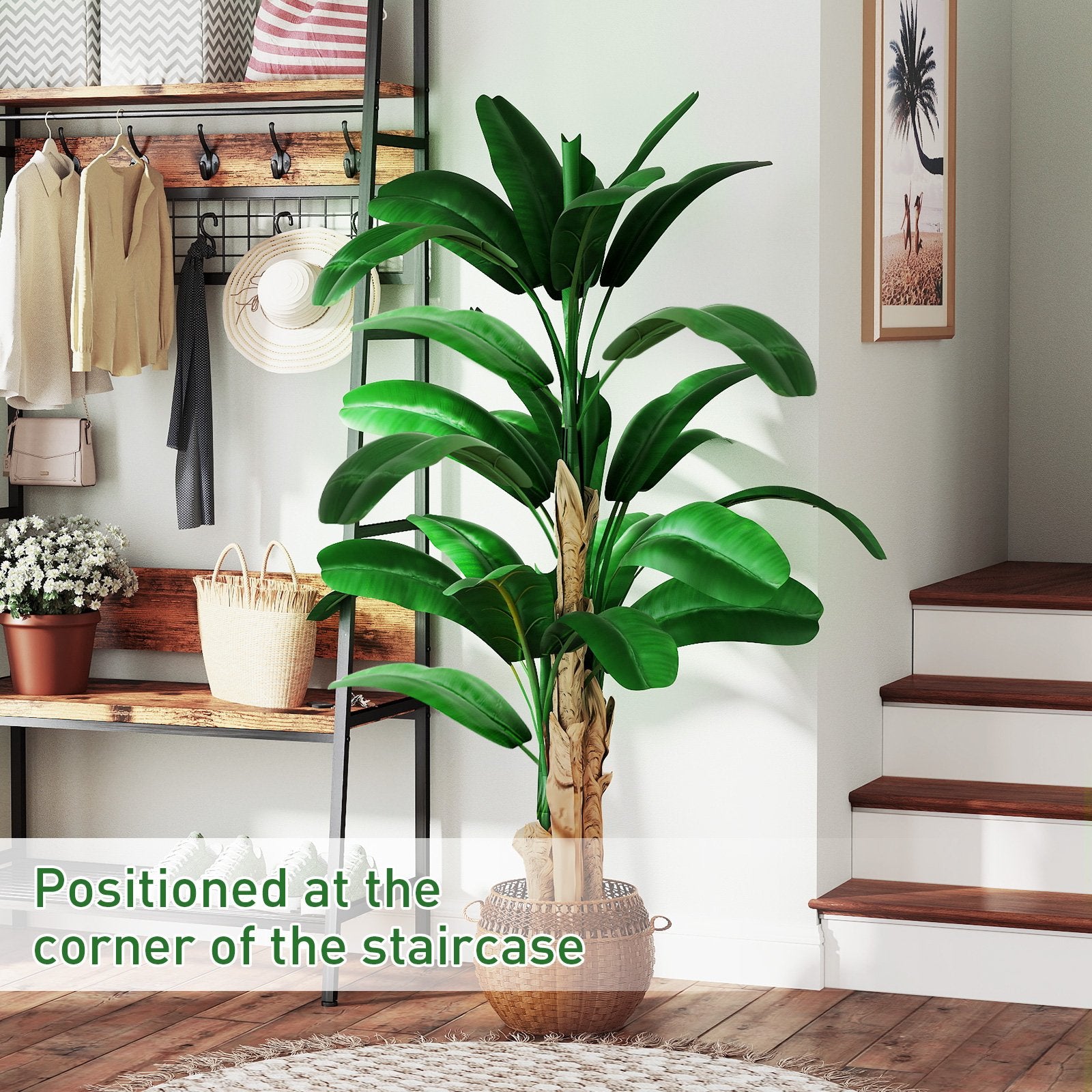 6.2' Artificial Banana Tree in Pot Indoor Ornament Green Plant with Decorative Leaves, Green - Bosonshop