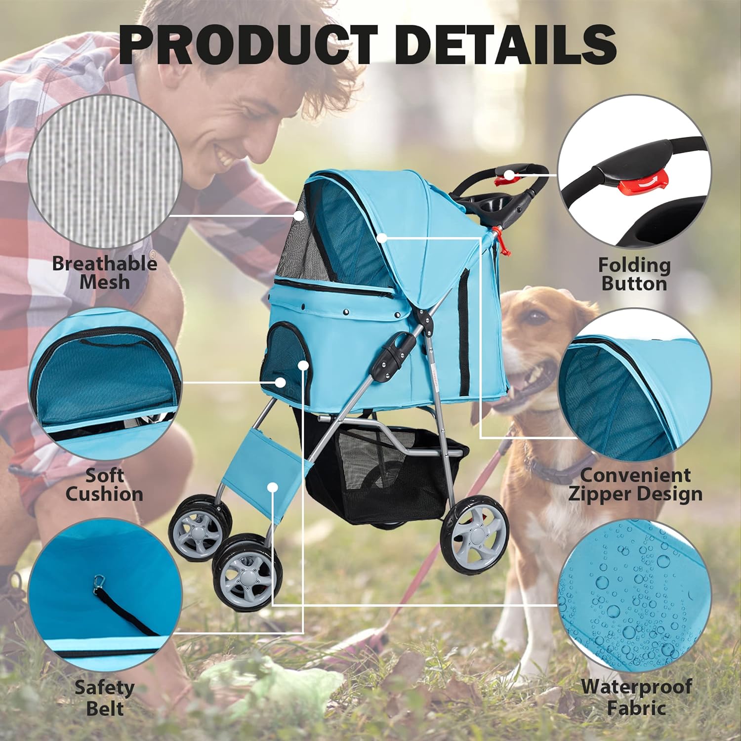 Folding Pet Stroller Elite Jogger Kitten Puppy Easy Walk Dog Cat Small Animals Travel Carrier, Blue - Bosonshop