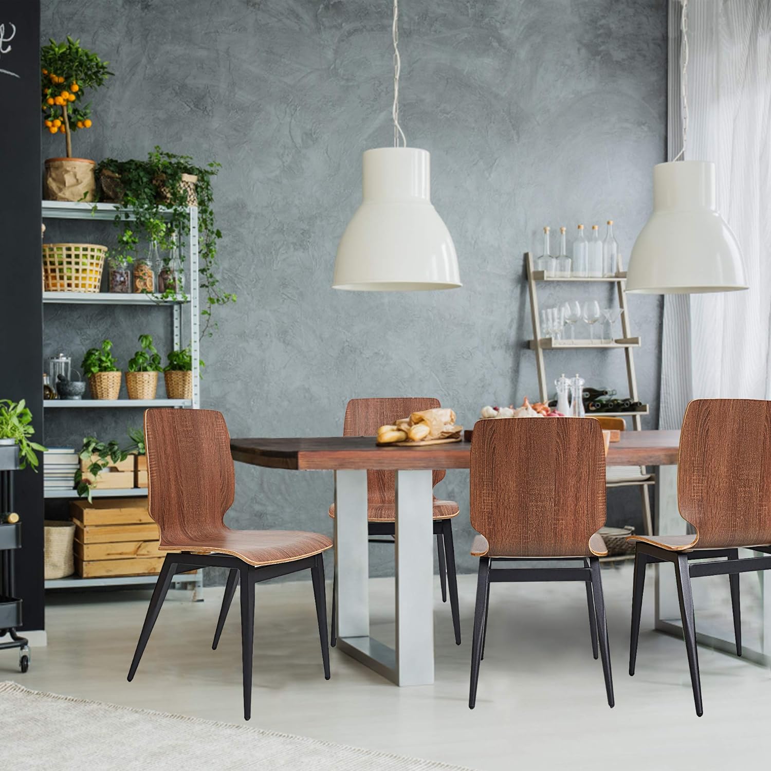 Set of 4 Modern Dining Chairs Wooden Kitchen Side Chairs with Metal Legs, Brown - Bosonshop
