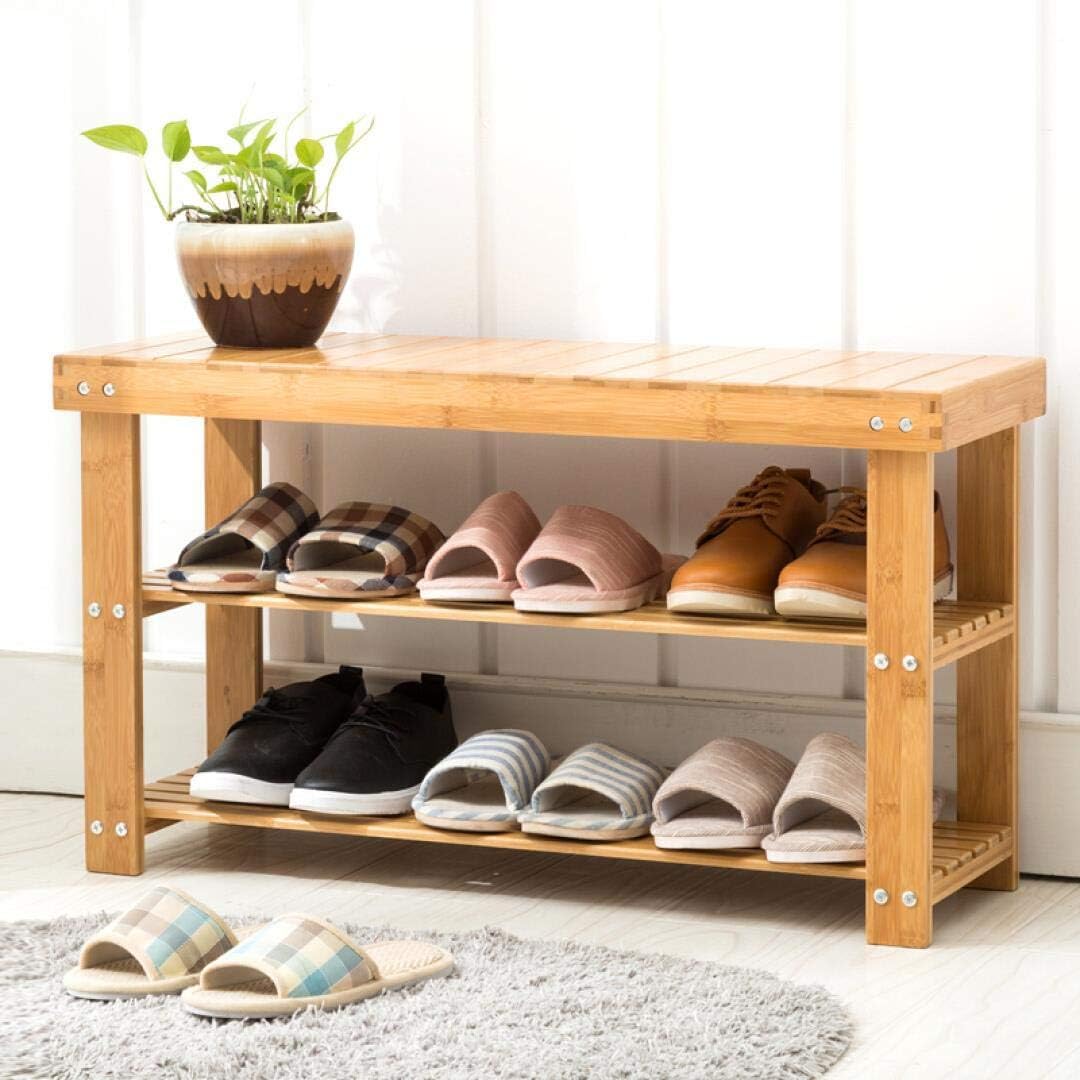 Bamboo Shoes Storage Rack 2-Tier Shoe Bench Seat for Entryway Shelf Organizer for Hallway, 27.5”(L) X 11” (W) X 17.7” (H) - Bosonshop