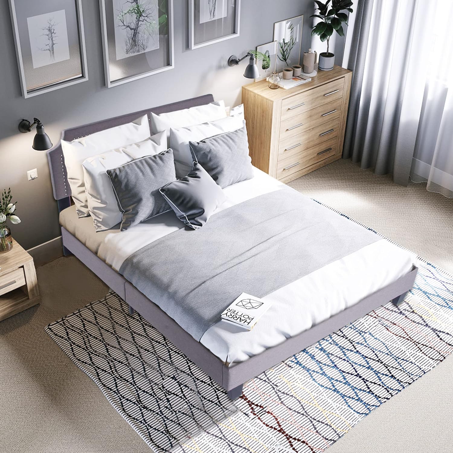 60" Platform Bed Frame Queen Upholstered Headboard Wood Slat Support Metal Frame Heavy Duty Bed Frame for Bedroom - Bosonshop