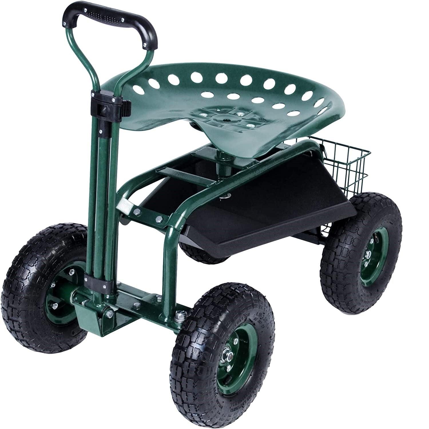 Rolling Garden Cart Wagon Scooter Lawn Yard Patio Work Seat with Tool Tray & 360 Swivel Work Seat - Bosonshop