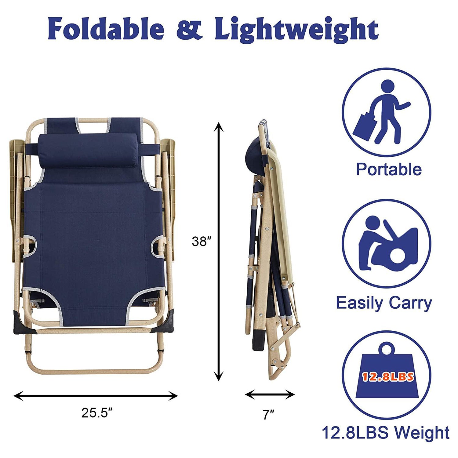 Set of 2 Outdoor Reclining Lawn Chairs Adjustable Folding Patio Recliners with Pillow, Dark Blue - Bosonshop