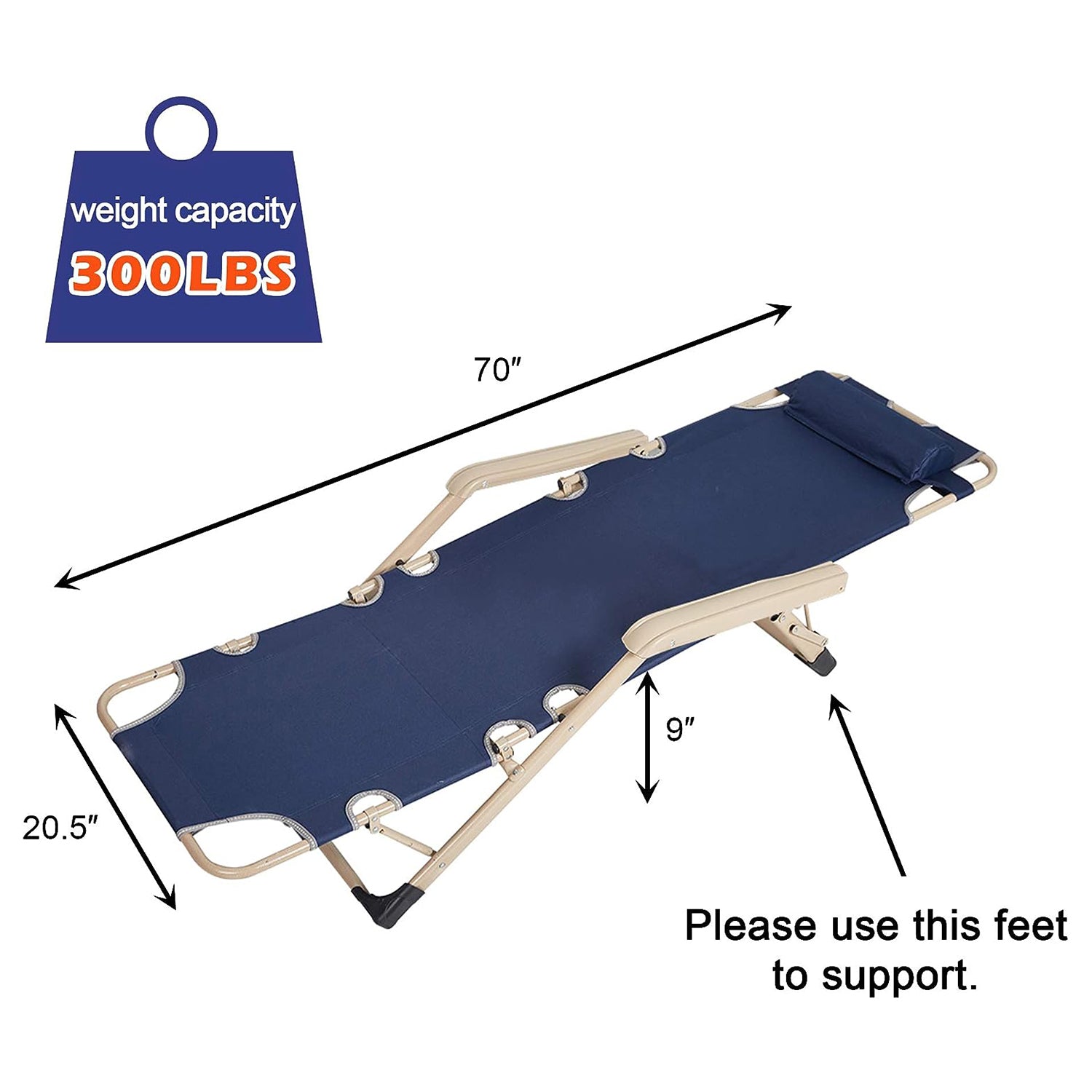 Set of 2 Outdoor Reclining Lawn Chairs Adjustable Folding Patio Recliners with Pillow, Dark Blue - Bosonshop