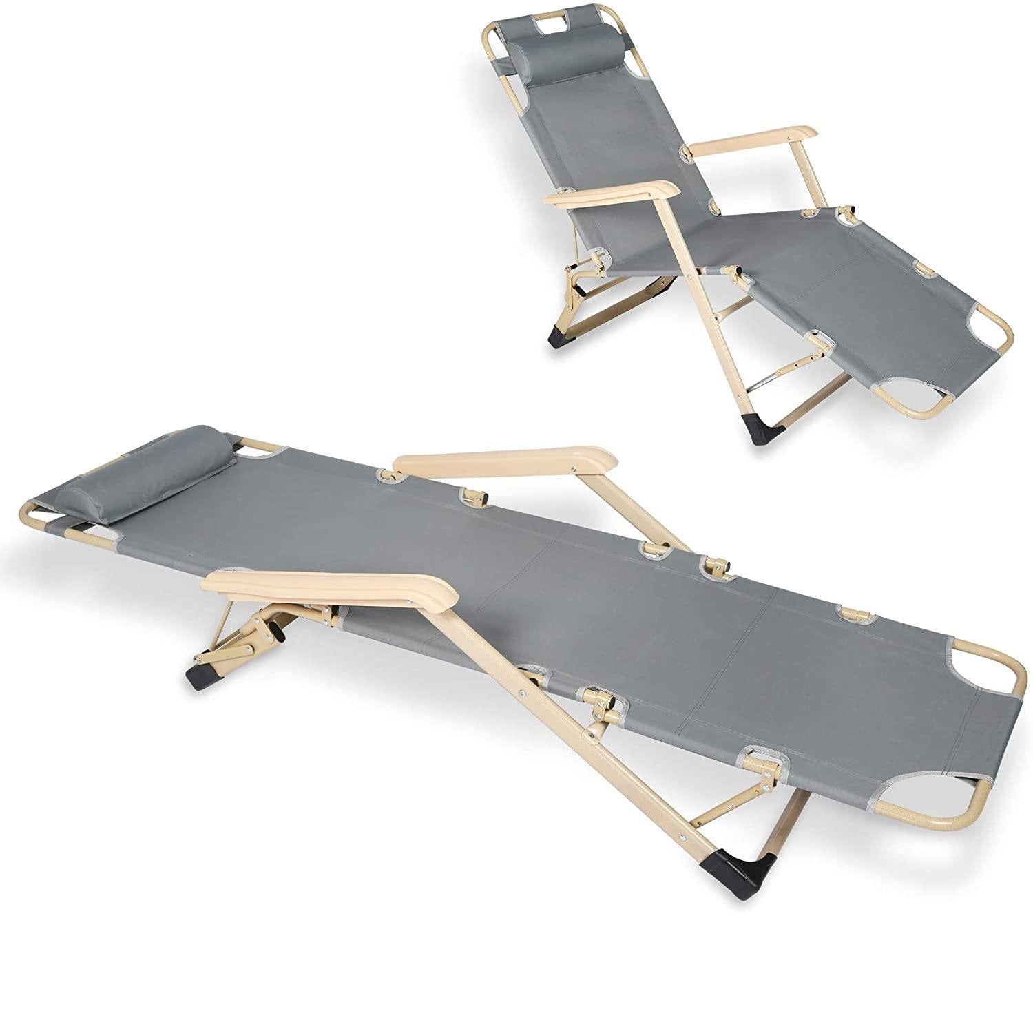 Set of 2 Outdoor Lounge Chairs and Full Flat Cot 2 Positions, Folding Reclining Chairs, Gray - Bosonshop