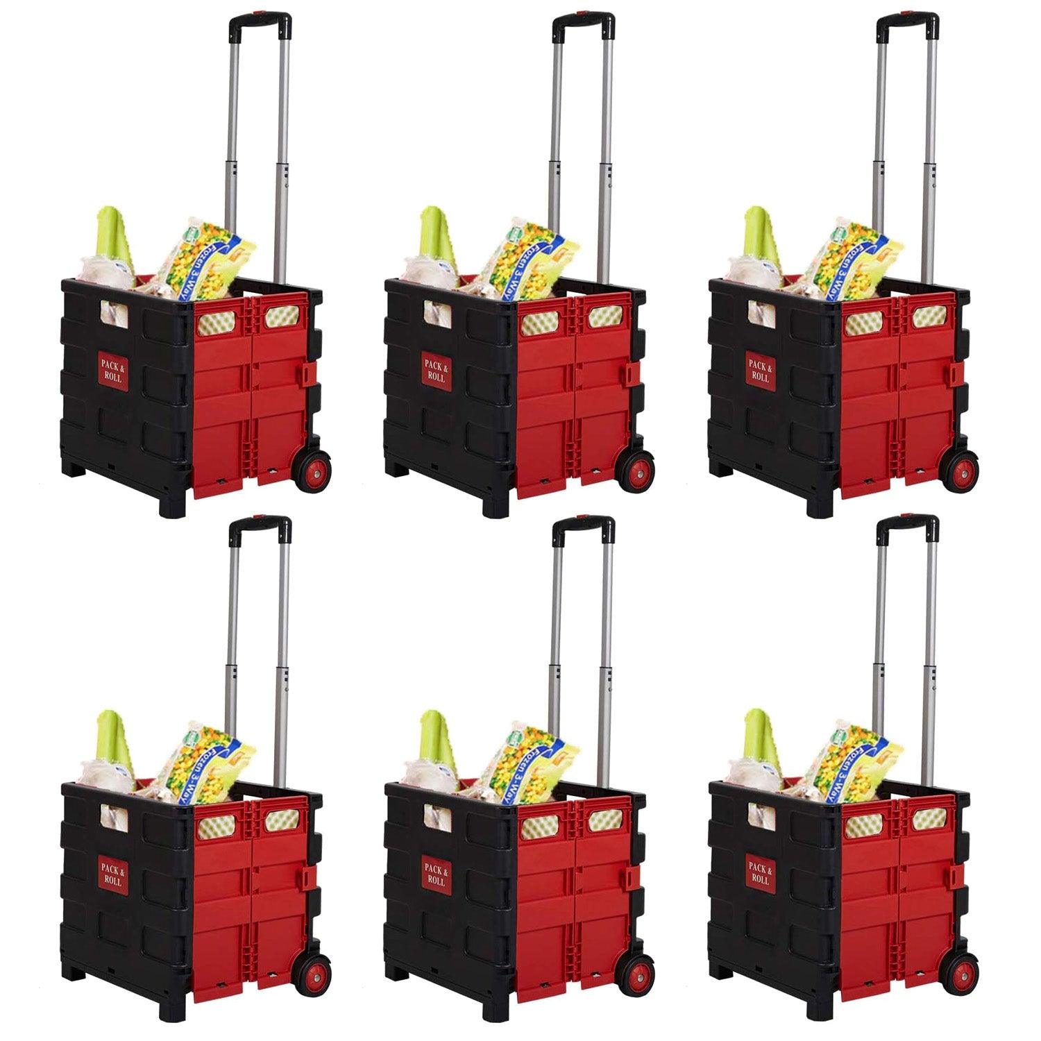 6 Pack Collapsible Rolling Crate Utility Cart 56L Foldable Grocery Cart with Wheels (Red, Large) - Bosonshop