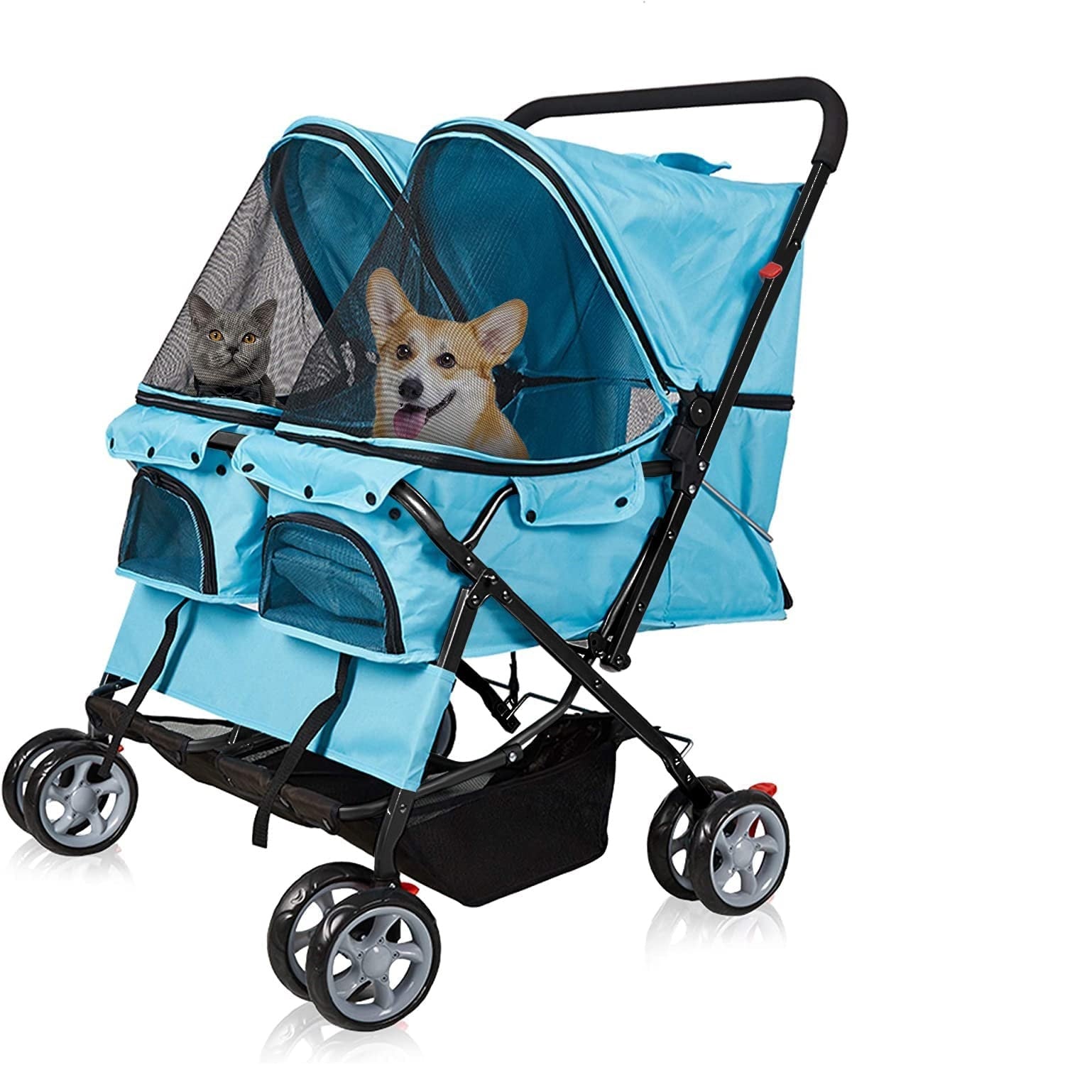 Folding 4 Wheels Double Pet Stroller Two-Seater Carrier Cart, Blue - Bosonshop